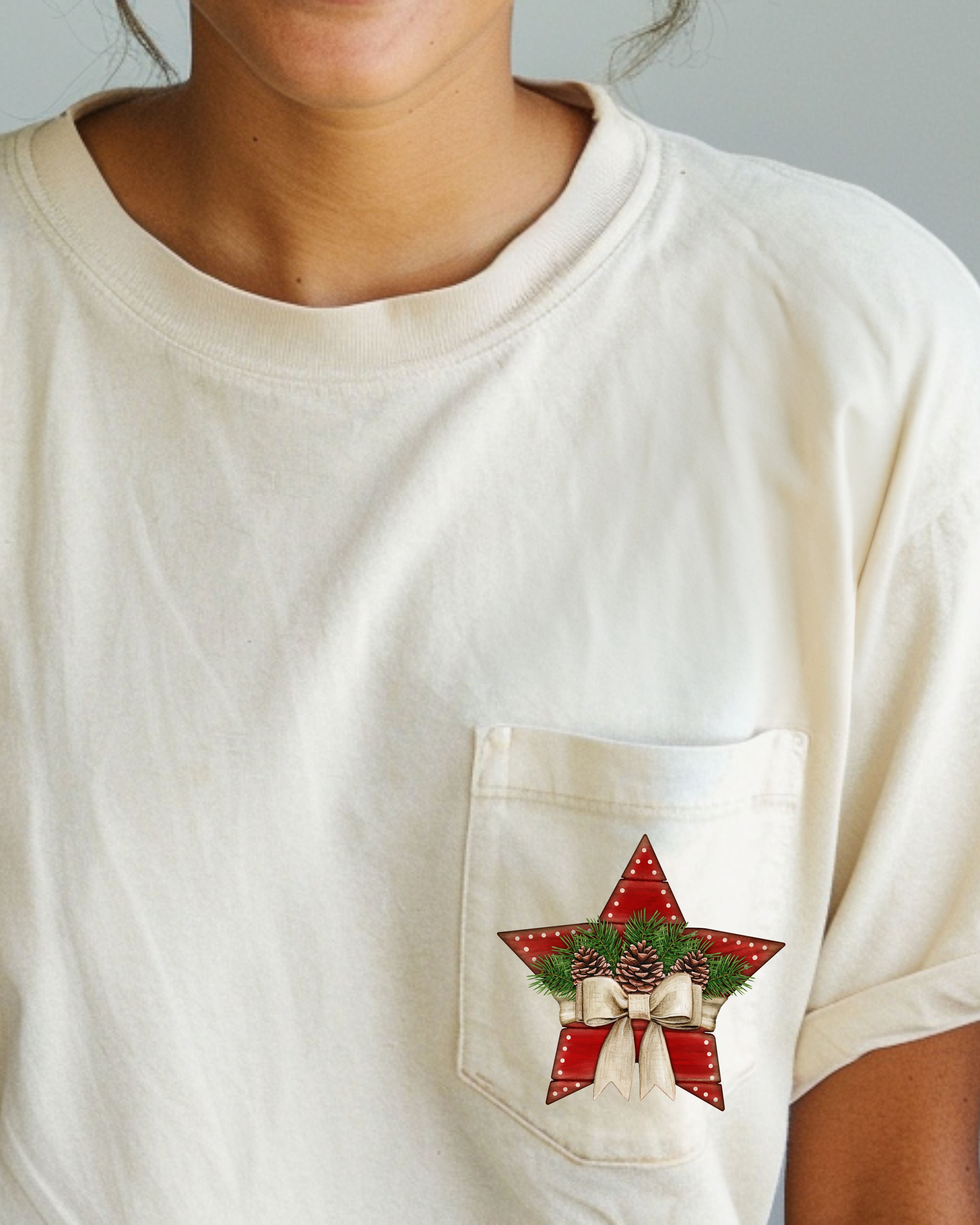 Christmas Star Pocket With Pine Cones And Ribbon Winter Snow Santa Scene Comfort Colors Tee