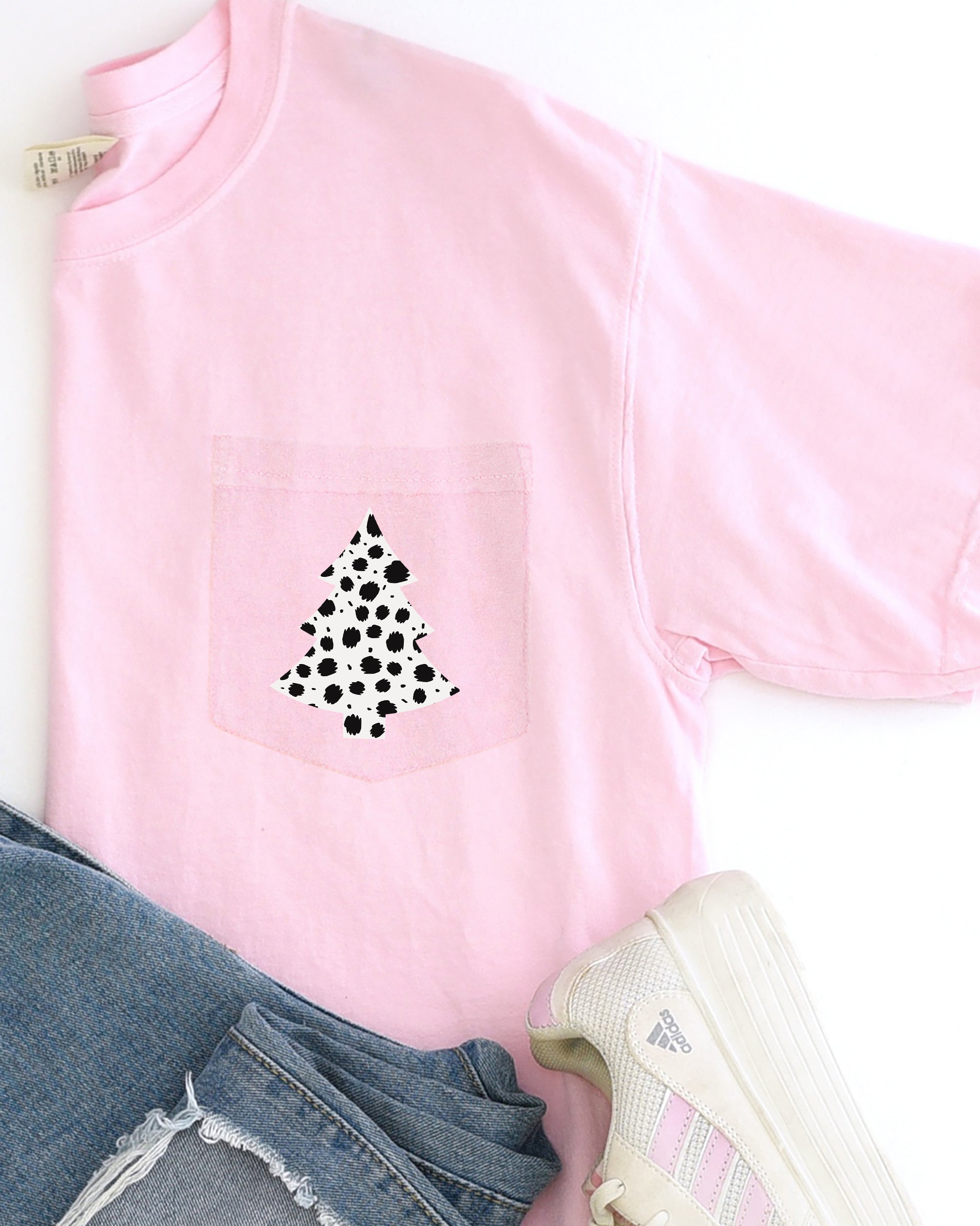Dalmatian Santa Christmas Tree With Animal Print Pocket Snow Winter Scene Comfort Colors Tee