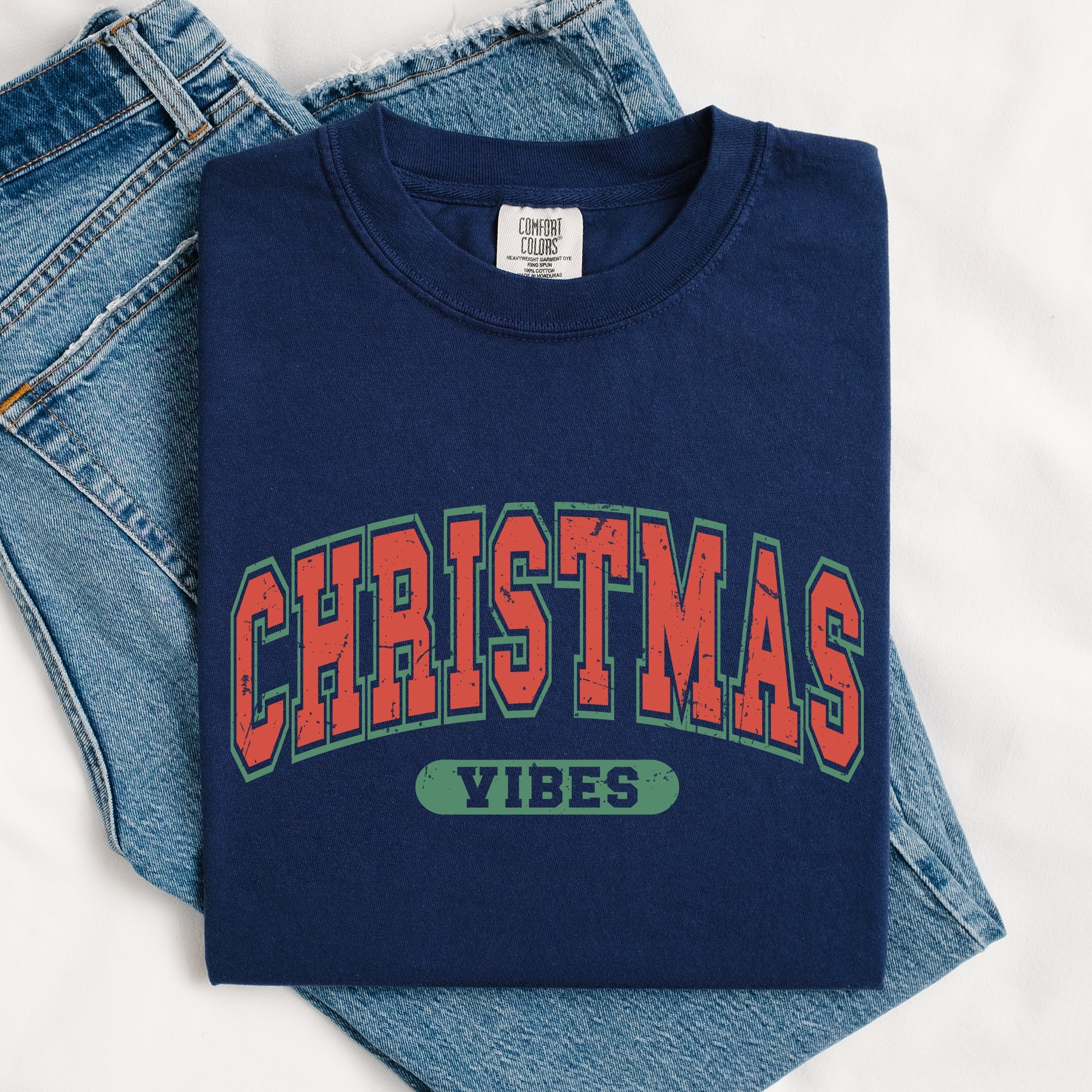 Christmas Vibes Retro Varsity Santa Snow Xmas Holiday Spirit Edition Comfort Colors Tee