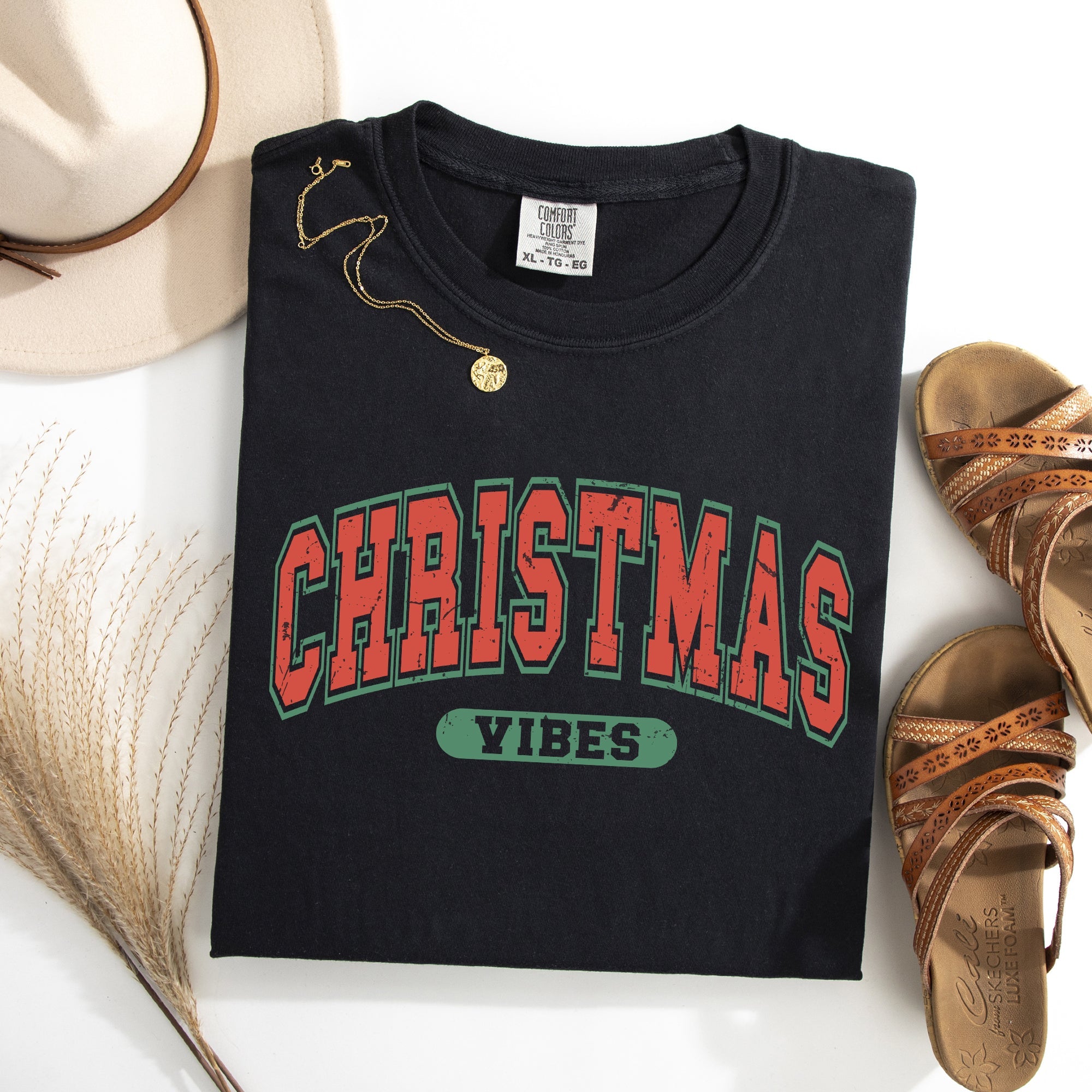 Christmas Vibes Retro Varsity Santa Snow Xmas Holiday Spirit Edition Comfort Colors Tee