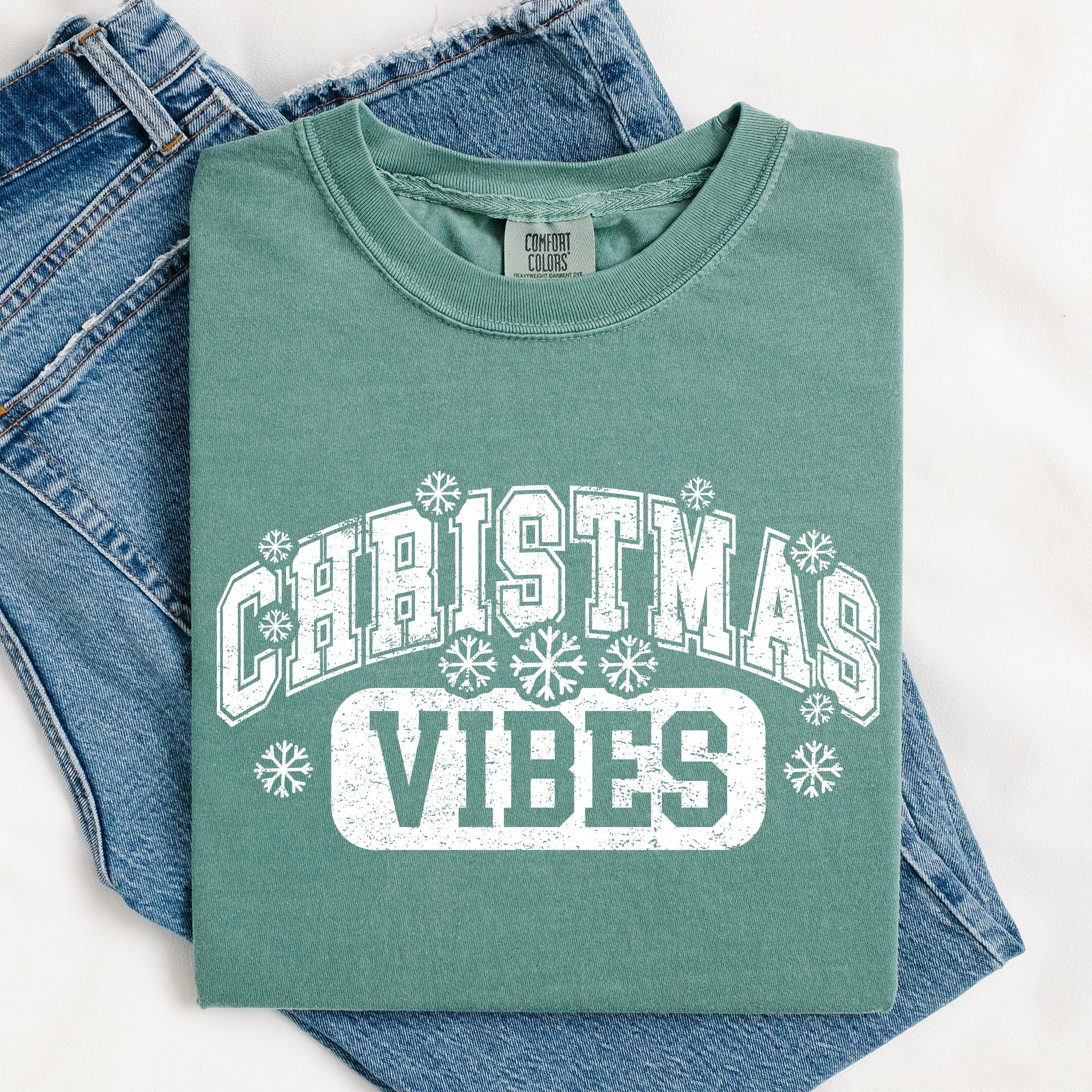 Christmas Vibes Snowflakes Retro Varsity Santa Snow Xmas Holiday Edition Vintage Style Comfort Colors Tee