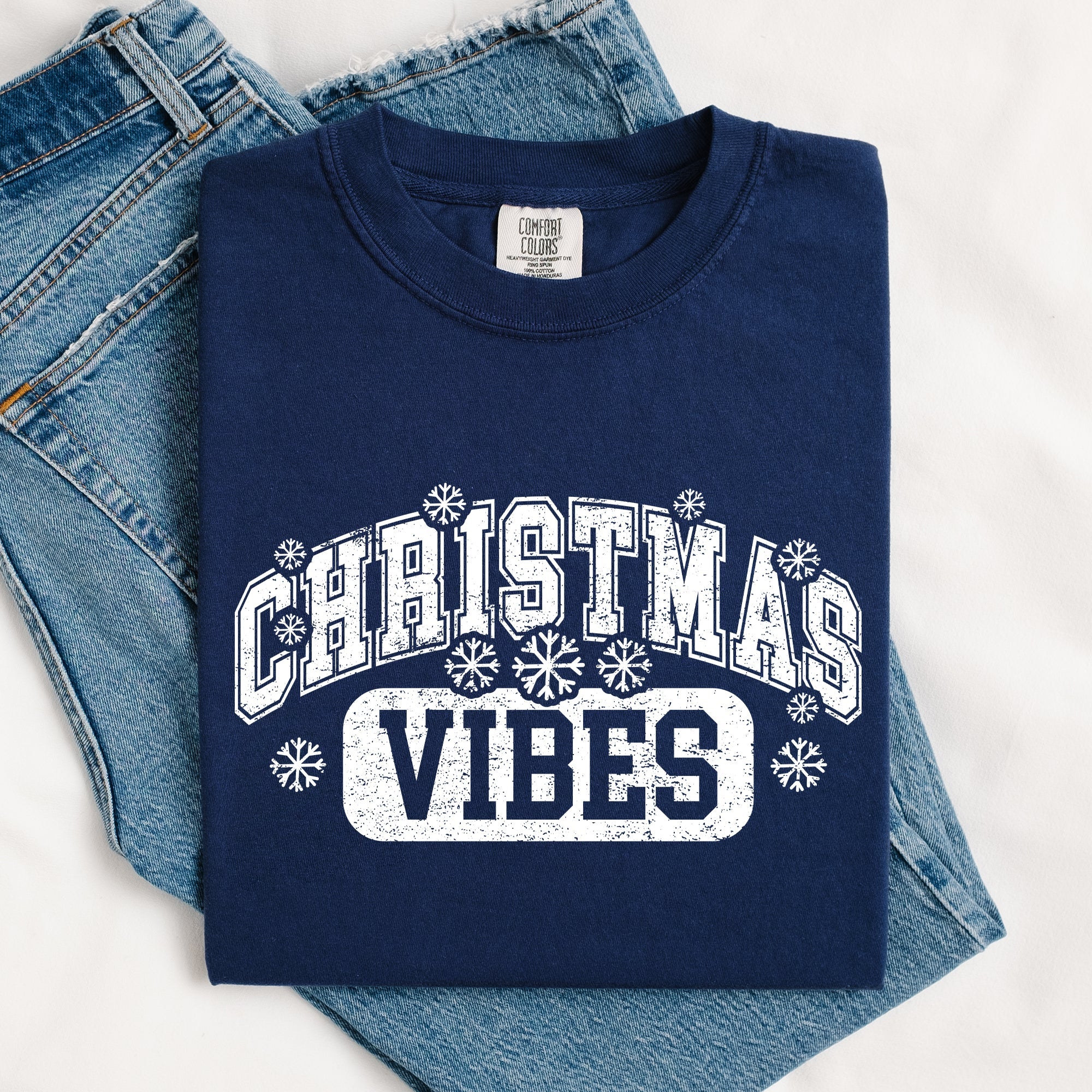Christmas Vibes Snowflakes Retro Varsity Santa Snow Xmas Holiday Edition Vintage Style Comfort Colors Tee