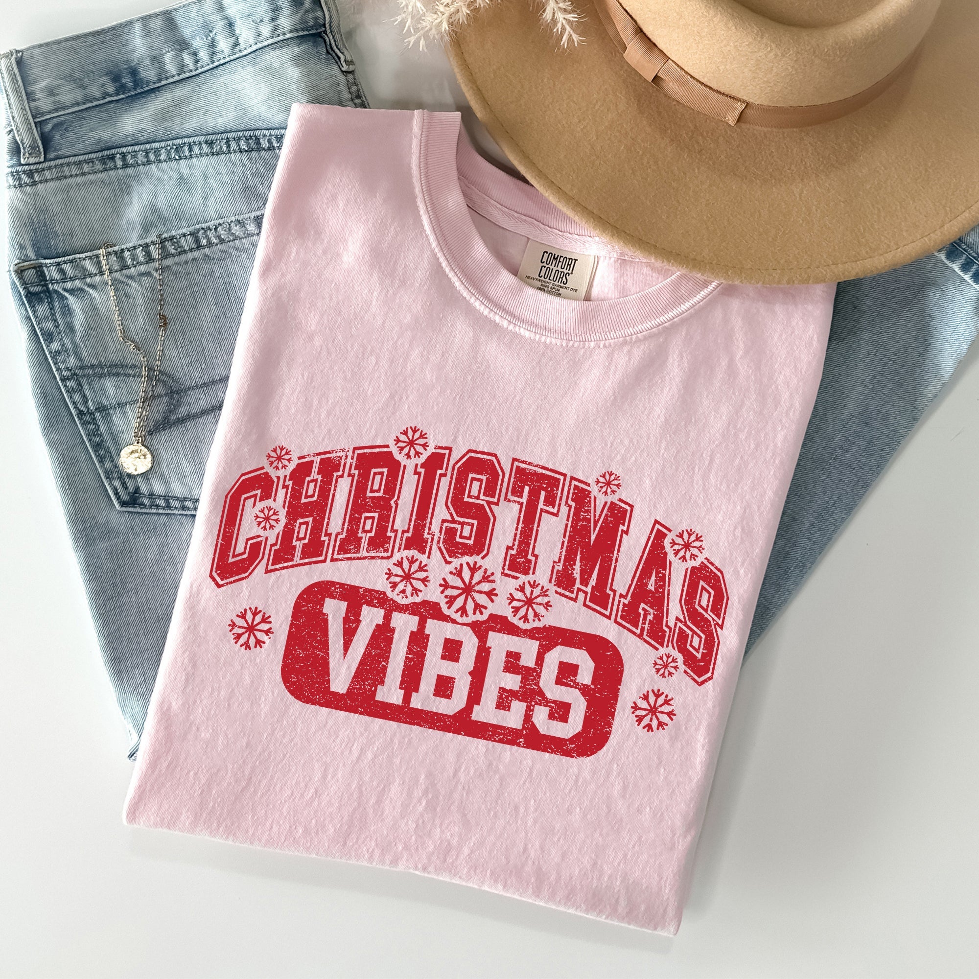 Christmas Vibes Snowflakes Retro Varsity Santa Snow Xmas Holiday Edition Vintage Style Comfort Colors Tee