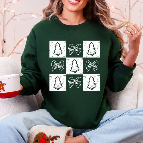 Christmas Geese Retro Cozy Winter Checkered Bows Tree Pattern Vintage Sweatshirt
