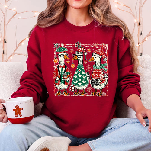 Christmas Geese Festive Holiday Illustration Vintage Retro Cozy Winter Scene Sweatshirt