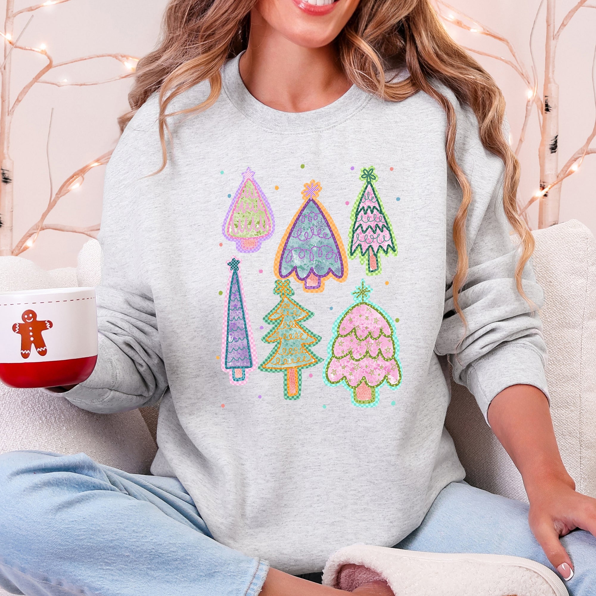 Colorful Christmas Tree Pastels Retro Hand Drawn Vintage Holiday Illustration Sweatshirt