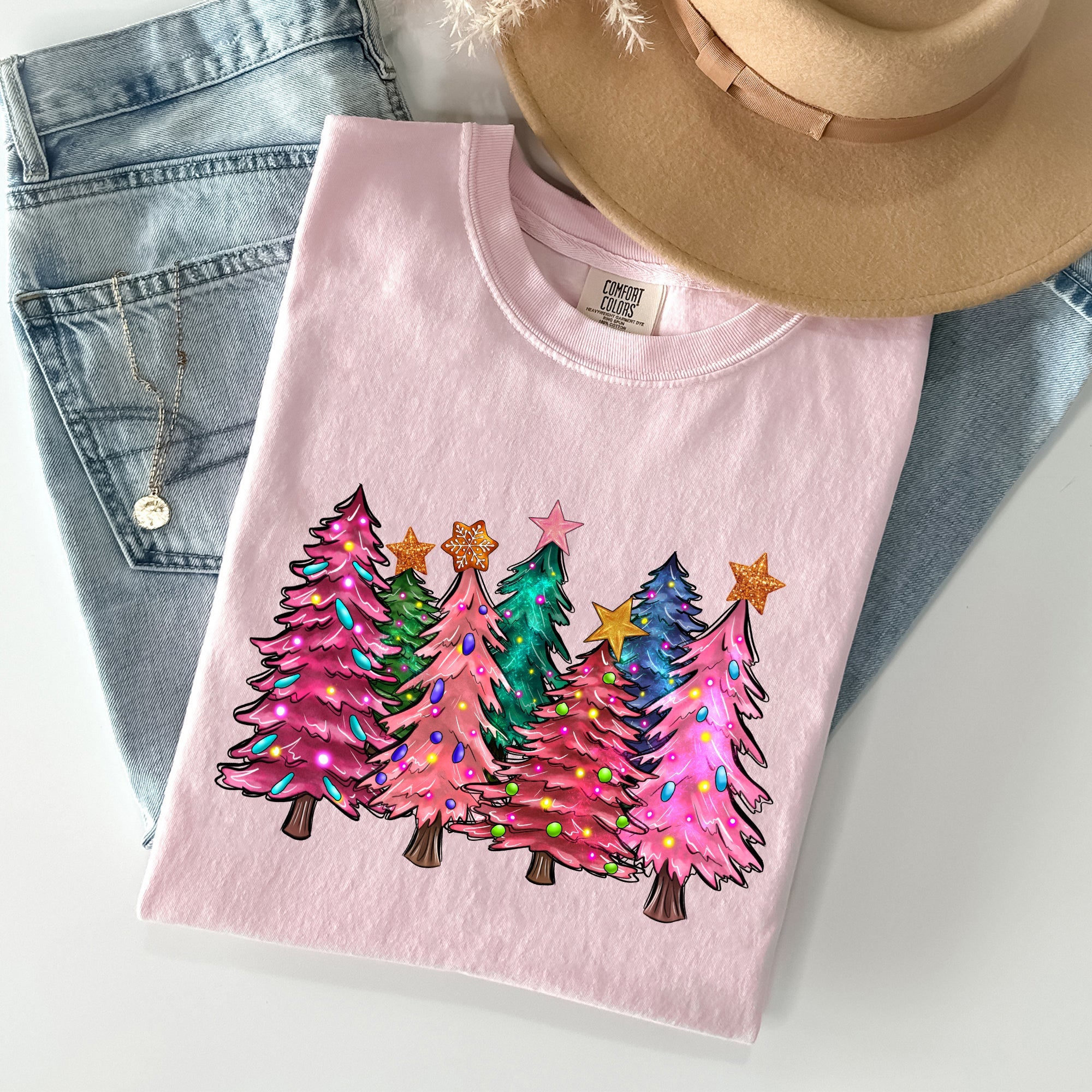 Colorful Christmas Tree Retro Santa Winter Xmas Vintage Ornament Scene Comfort Colors Tee