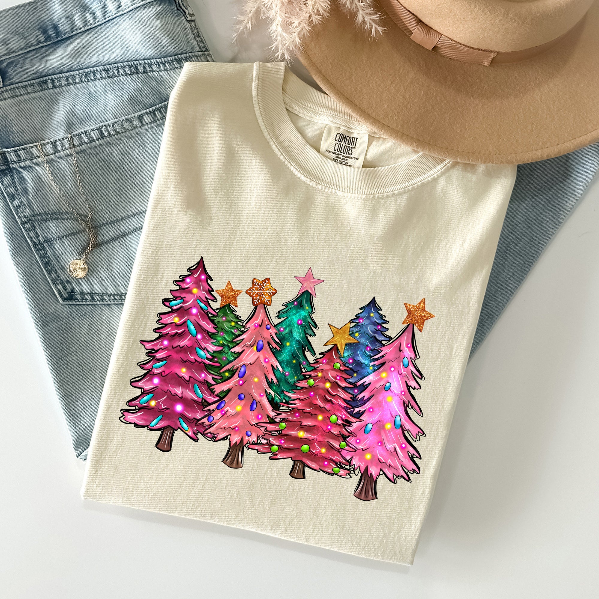 Colorful Christmas Tree Retro Santa Winter Xmas Vintage Ornament Scene Comfort Colors Tee