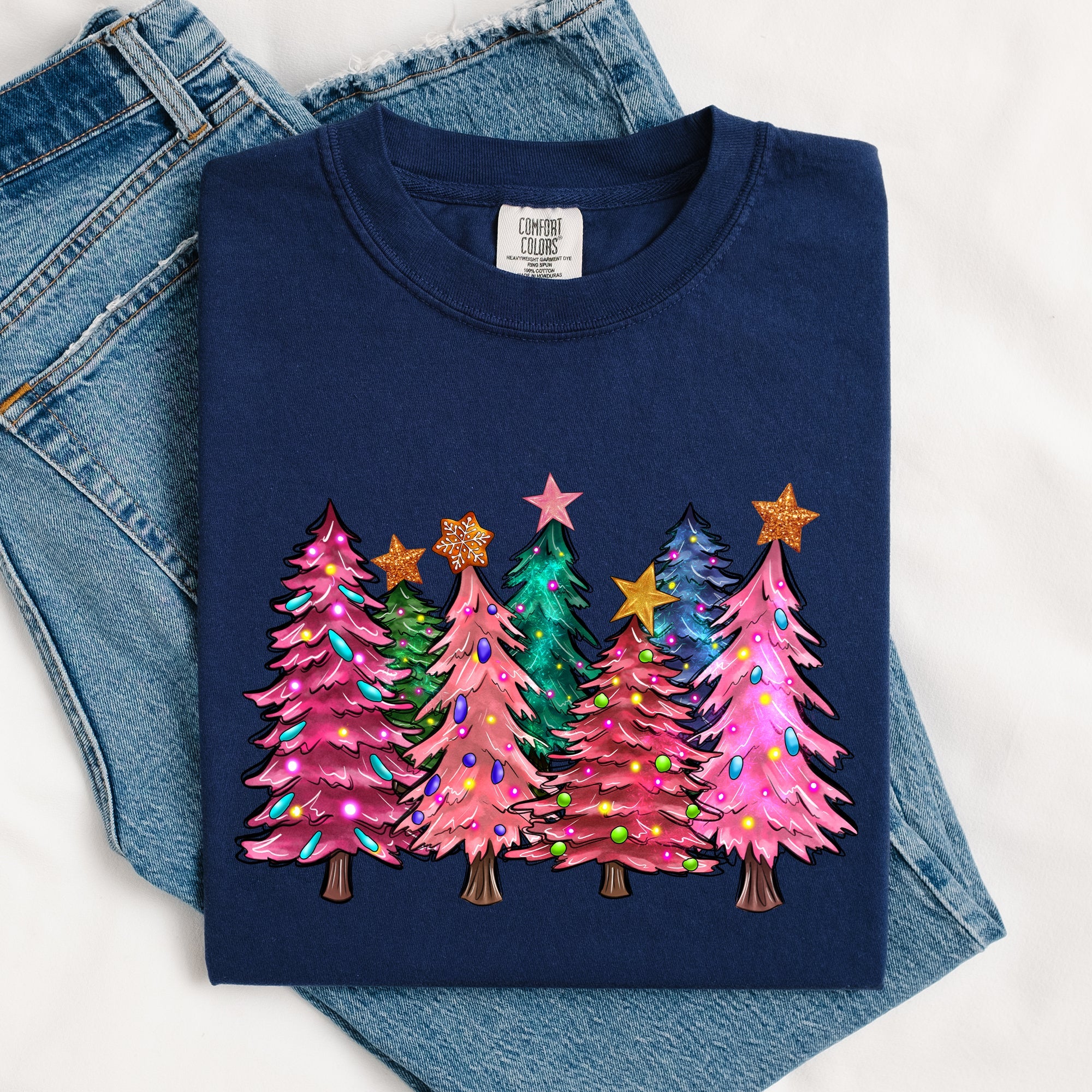 Colorful Christmas Tree Retro Santa Winter Xmas Vintage Ornament Scene Comfort Colors Tee
