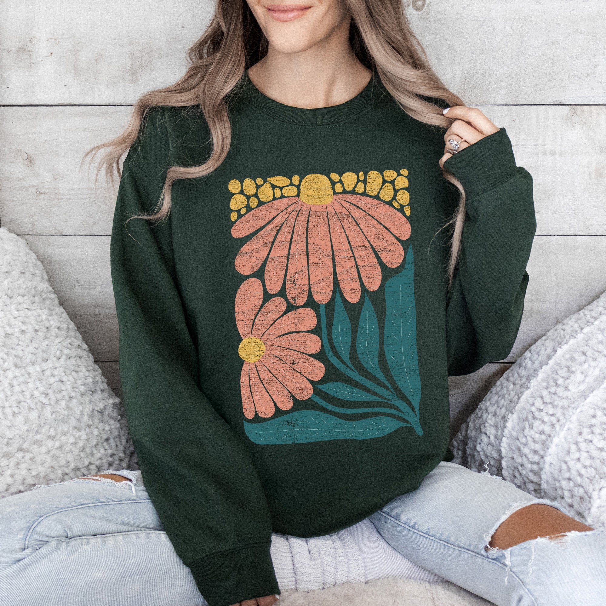 Colorful Daisies Art Nouveau Floral Design Vintage Botanical Illustration Sweatshirt