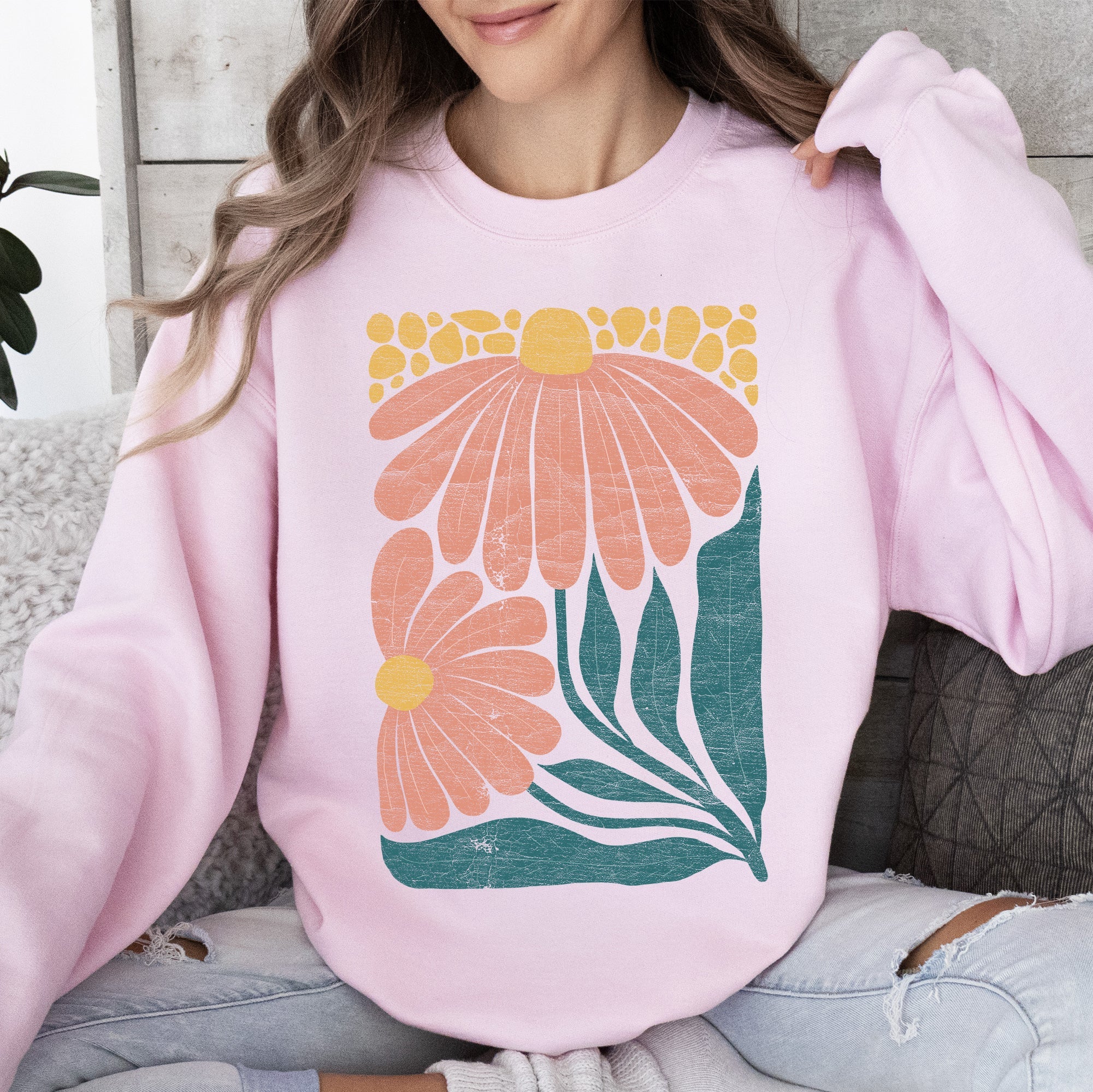 Colorful Daisies Art Nouveau Floral Design Vintage Botanical Illustration Sweatshirt