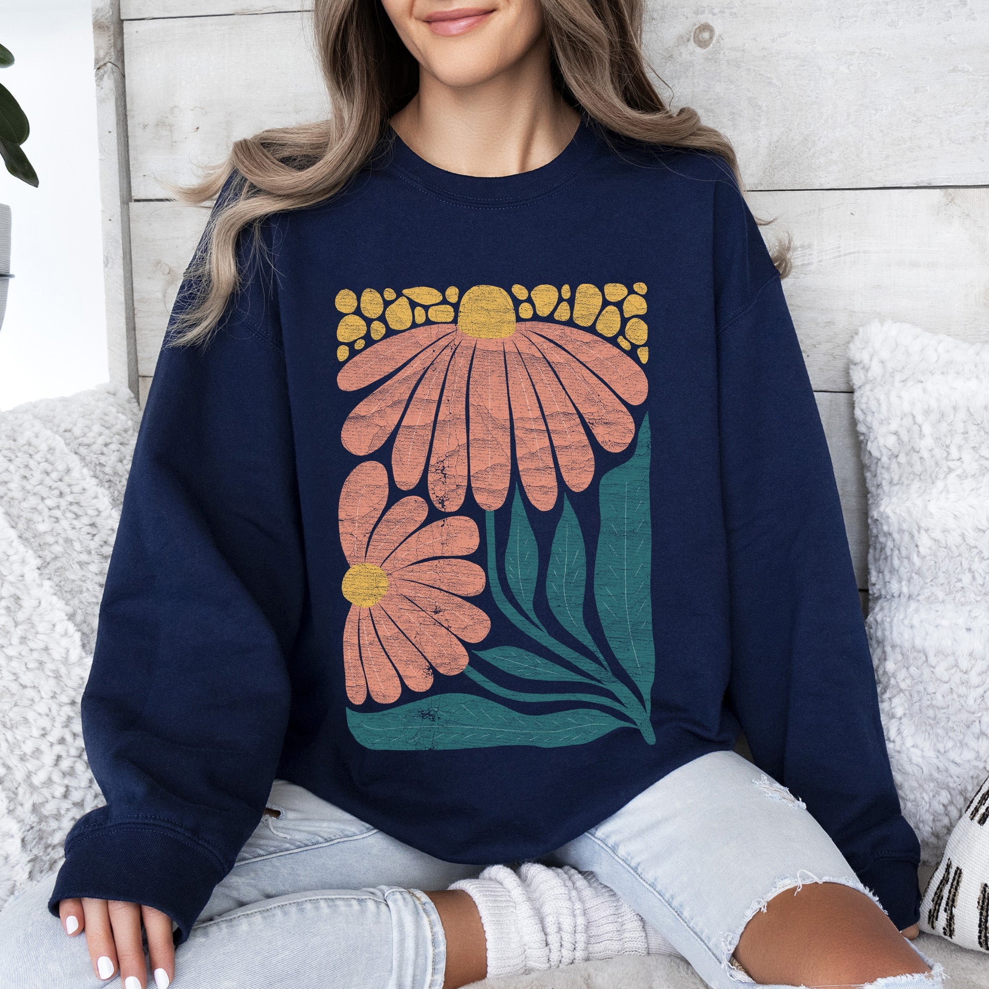 Colorful Daisies Art Nouveau Floral Design Vintage Botanical Illustration Sweatshirt