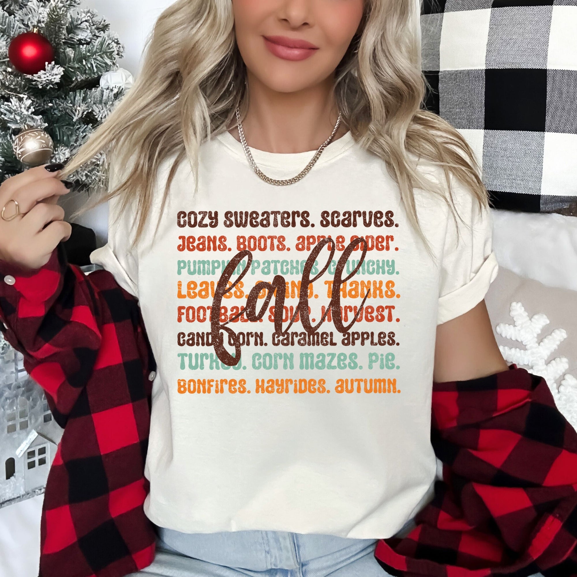 Colorful Fall Quote Autumn Leaves Hayride Cozy Scene Soft Cotton Comfortable Graphic Tee