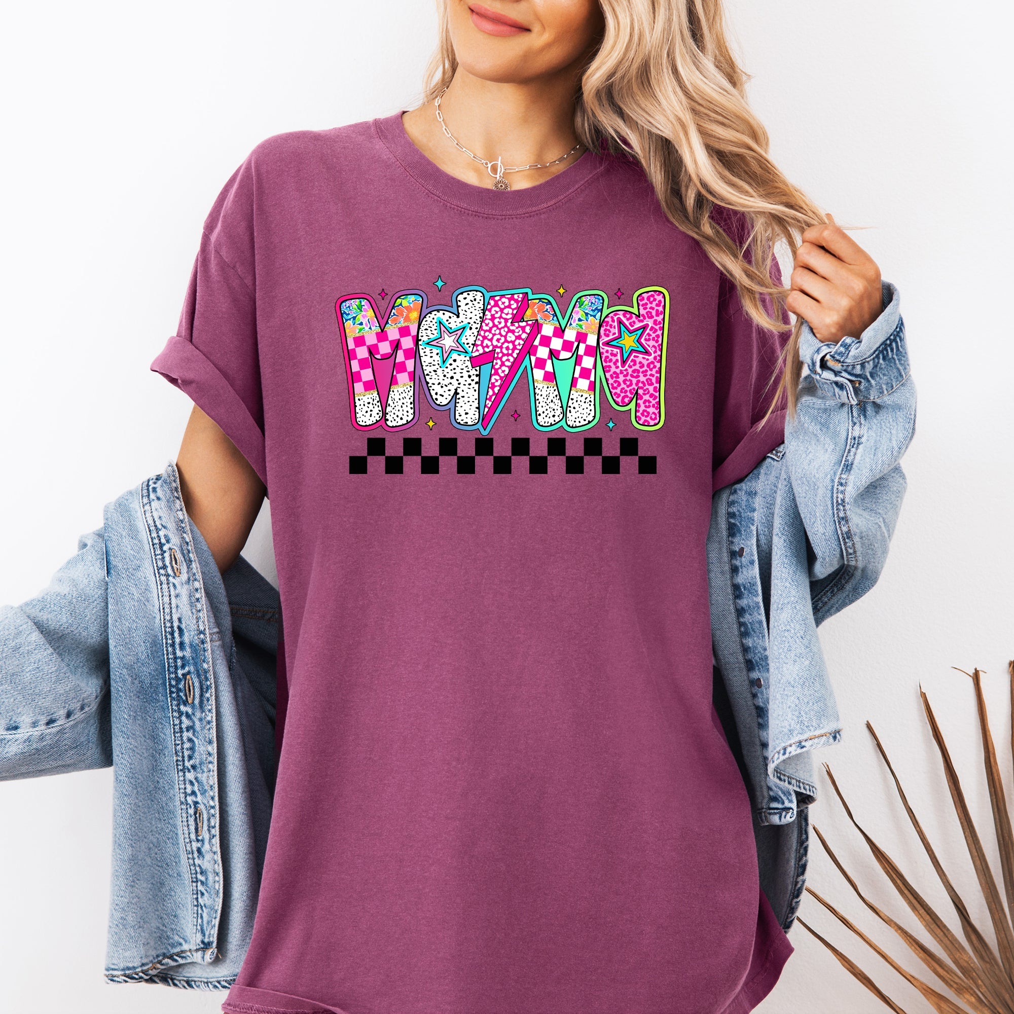 Colorful Mama With Bright Checkered Retro Bold Vintage Vibe Print Comfort Colors Tee