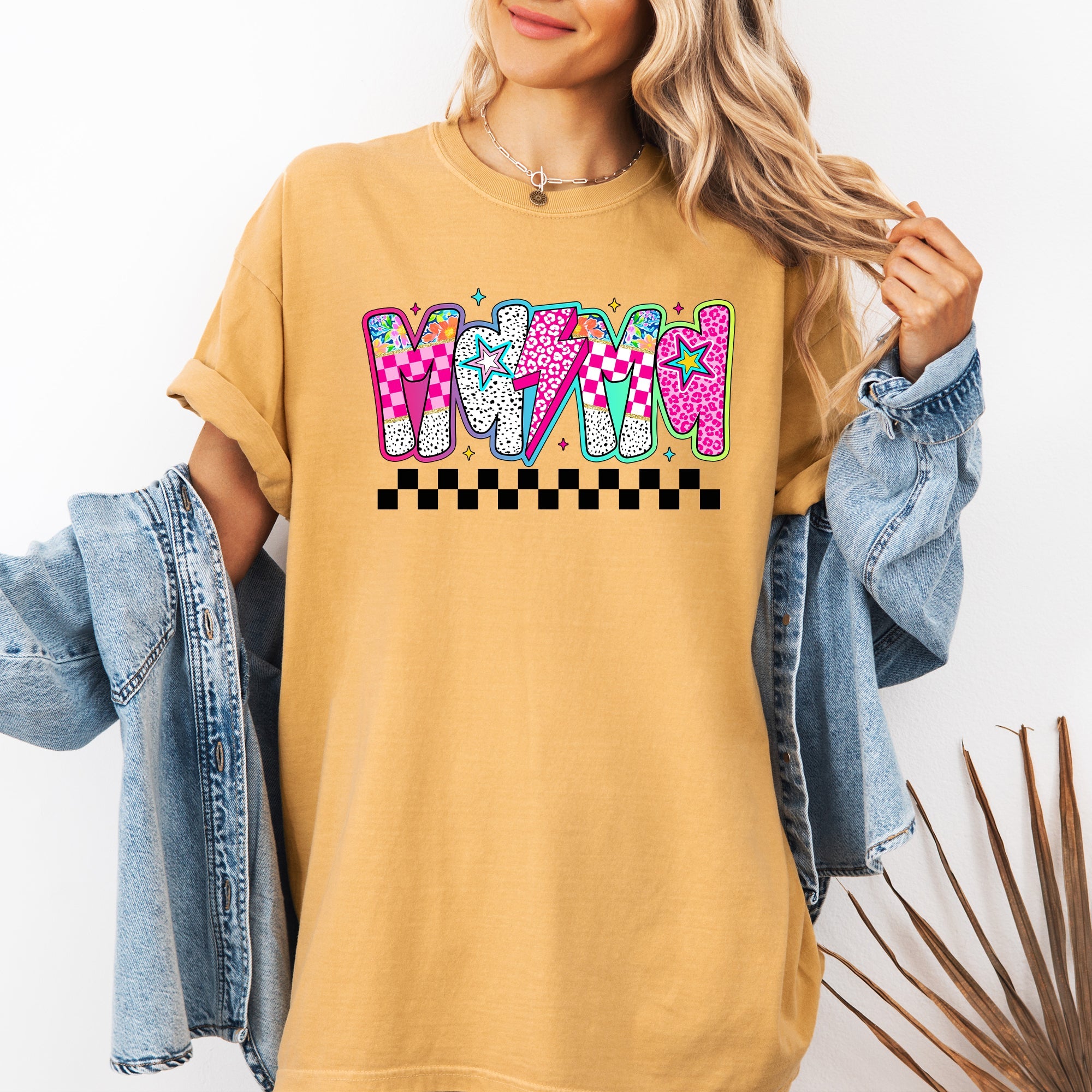 Colorful Mama With Bright Checkered Retro Bold Vintage Vibe Print Comfort Colors Tee