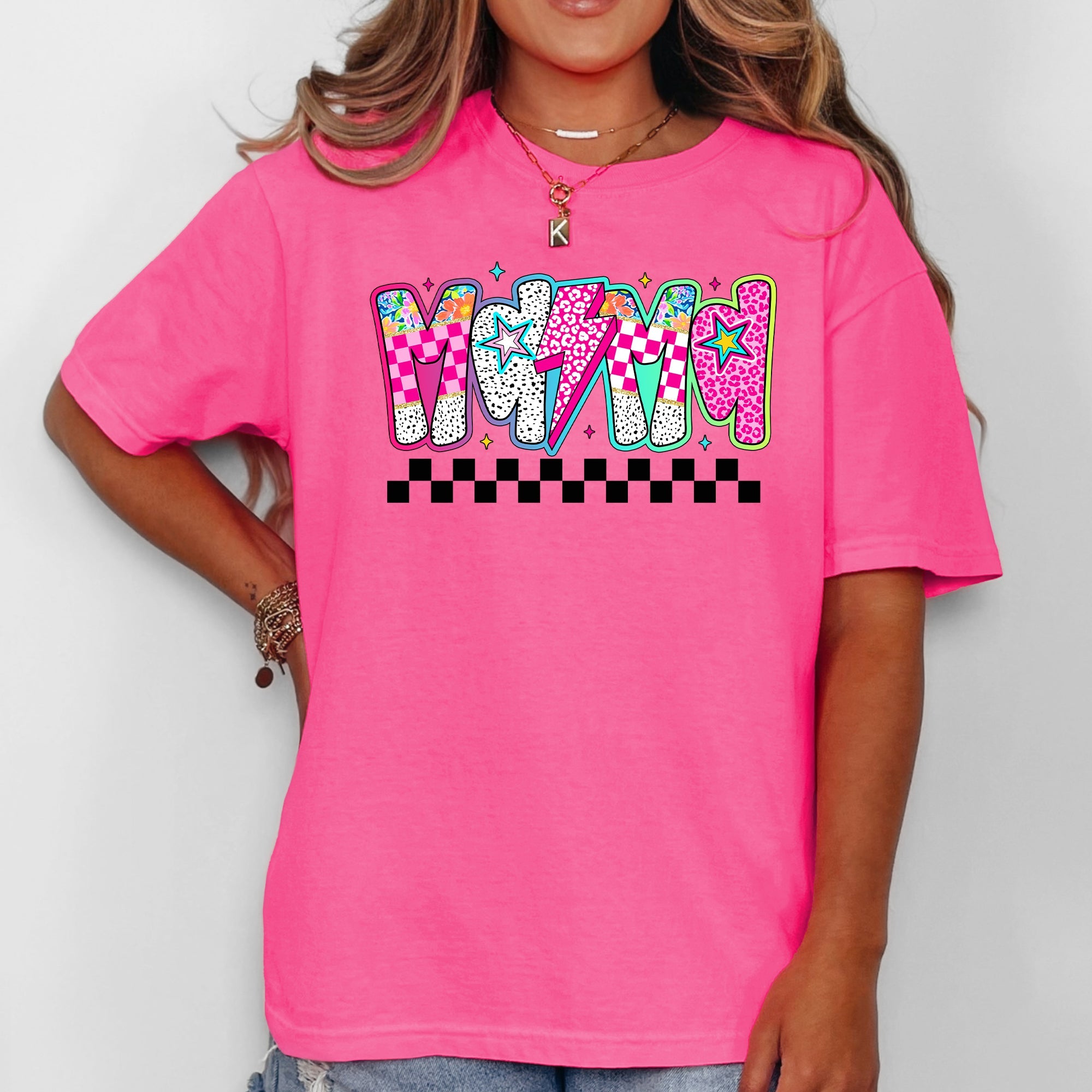 Colorful Mama With Bright Checkered Retro Bold Vintage Vibe Print Comfort Colors Tee