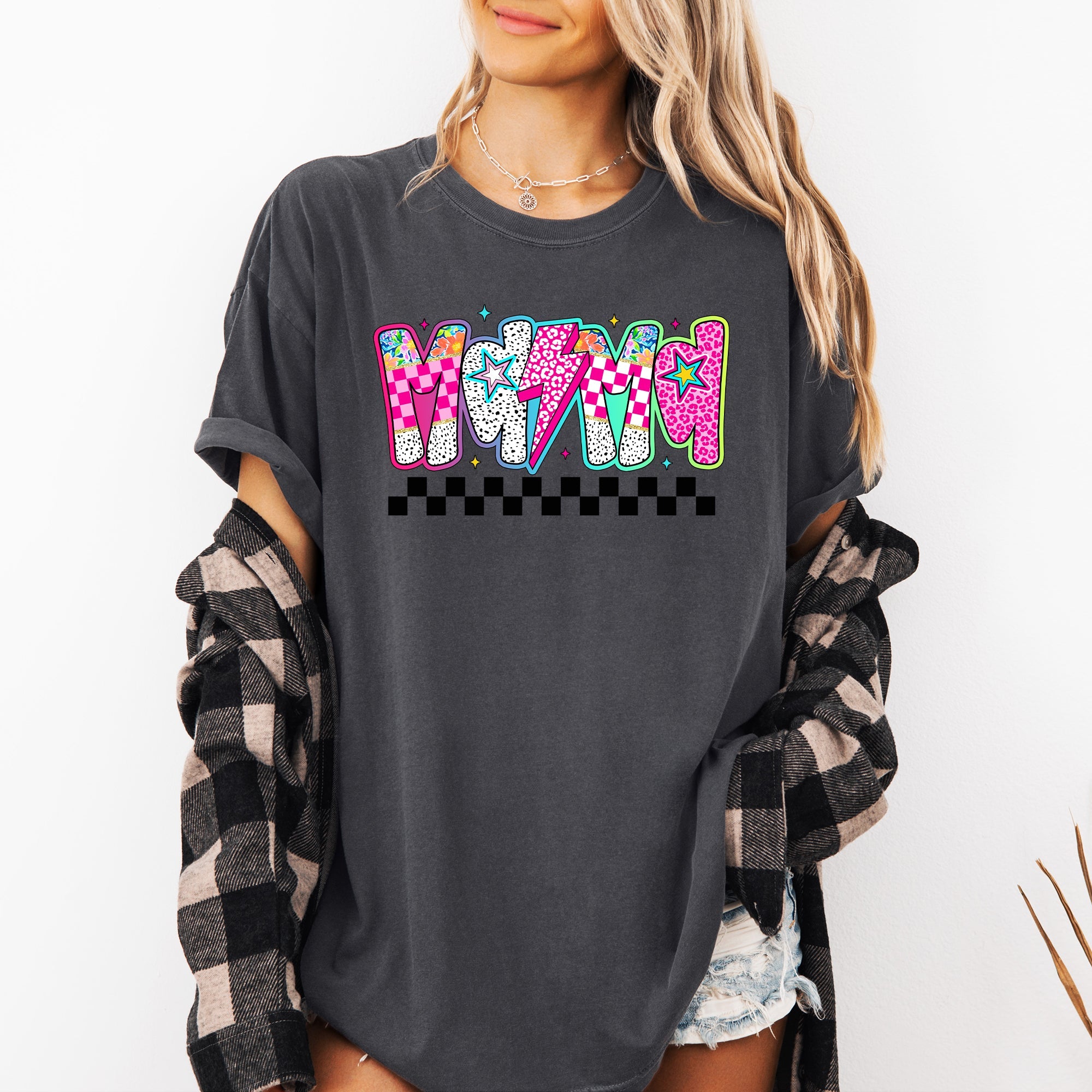 Colorful Mama With Bright Checkered Retro Bold Vintage Vibe Print Comfort Colors Tee