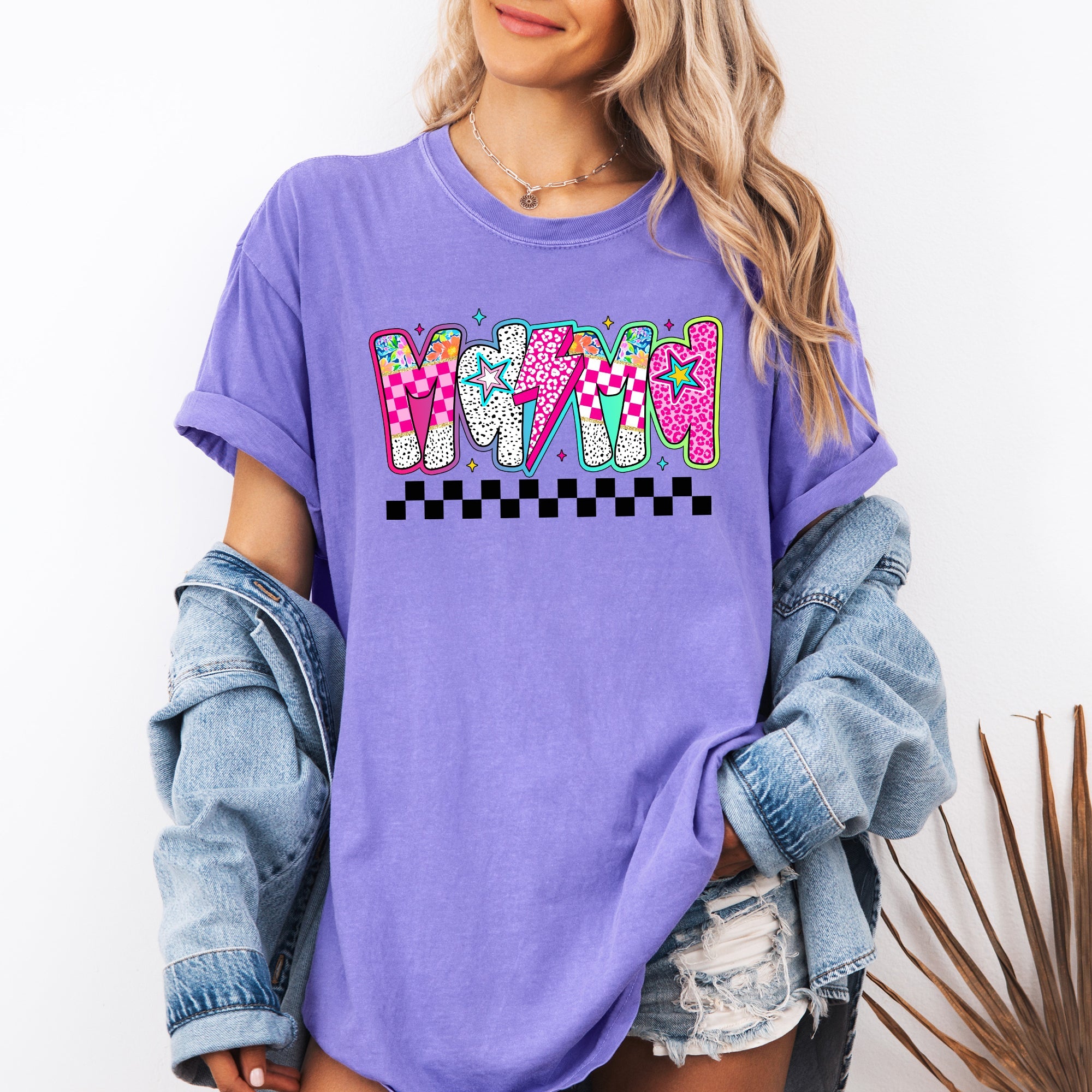 Colorful Mama With Bright Checkered Retro Bold Vintage Vibe Print Comfort Colors Tee