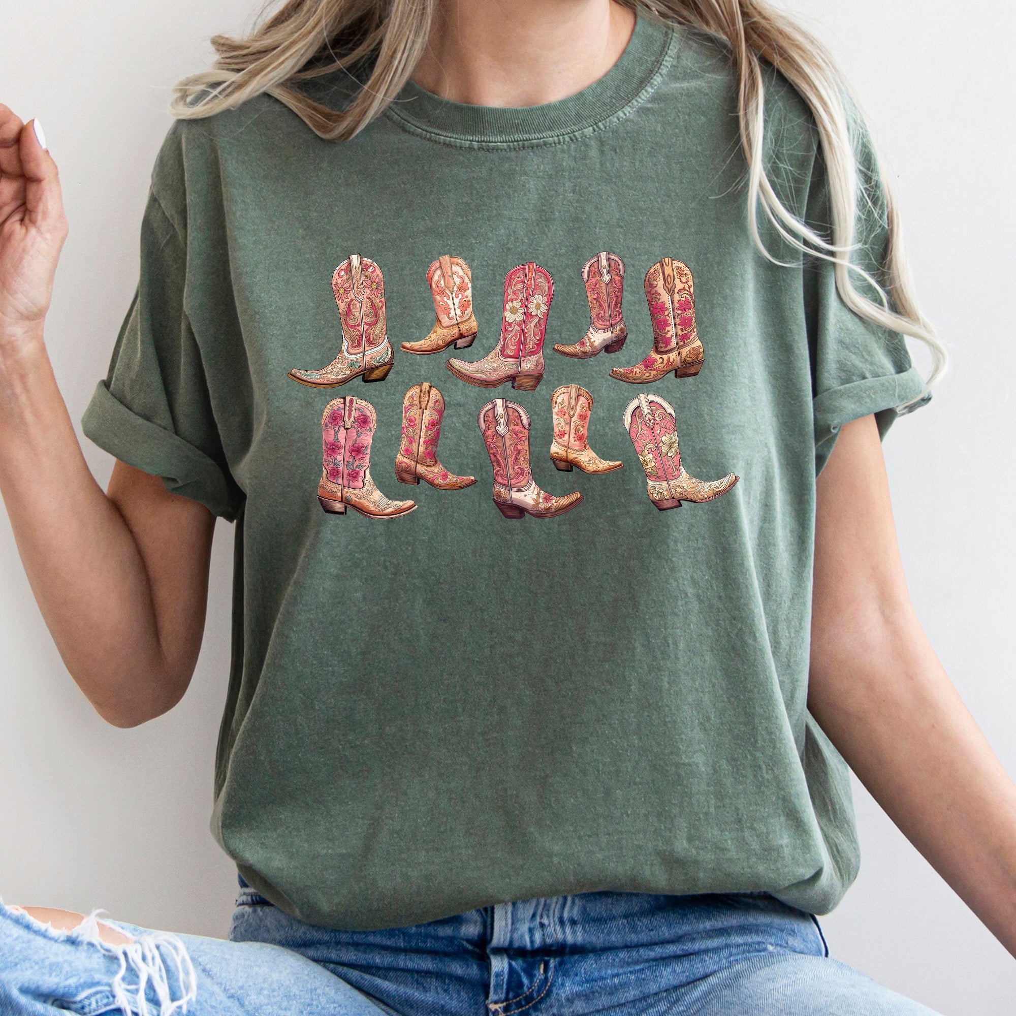 Colorful Pink Cowboy Boots Western Cowgirl Country Style Vintage Comfort Colors Tee