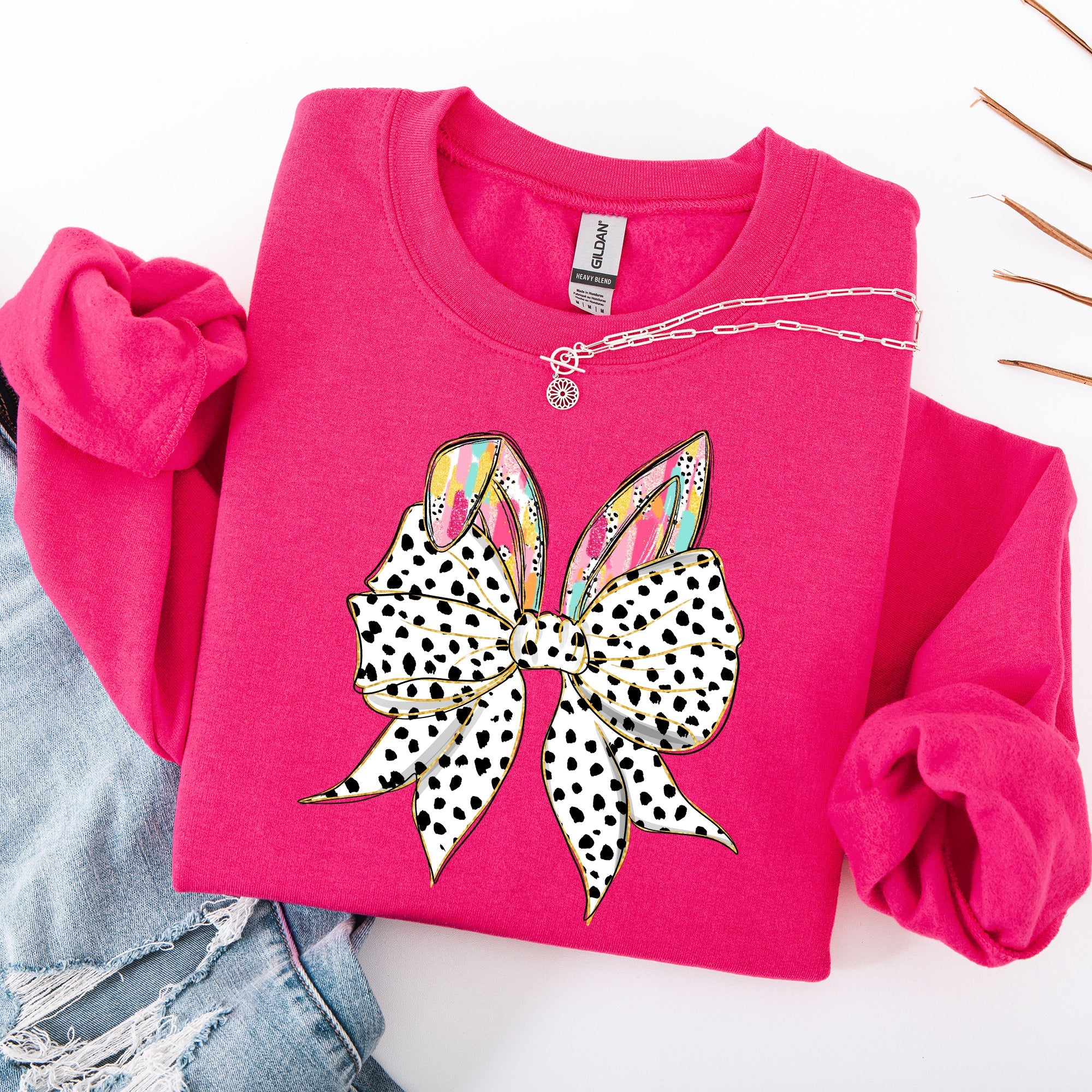 Coquette Dalmatian Print Rabbit Ears Ribbon Bows Easter Bunny Jesus Holiday Sweatshirt