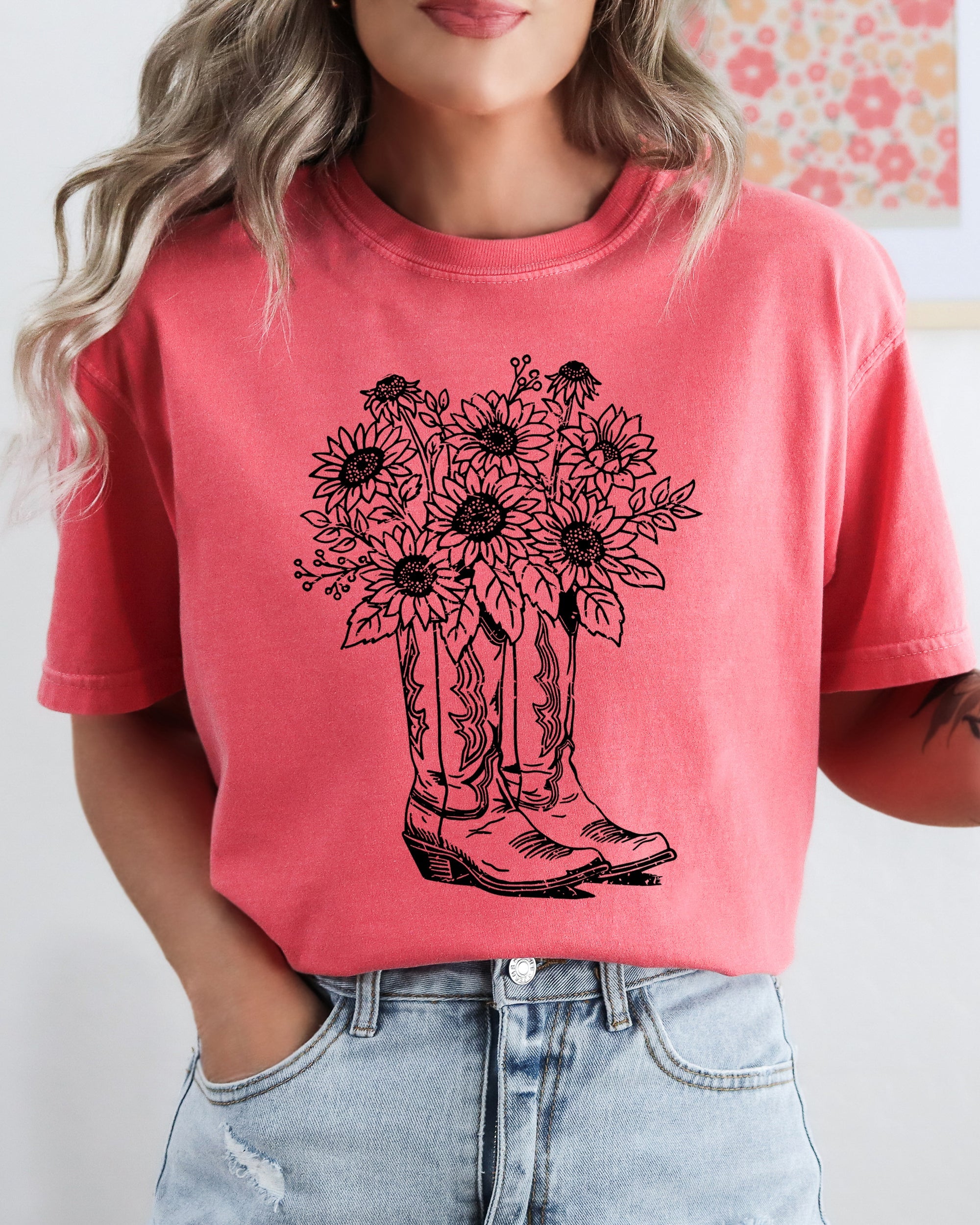 Cowboy Boots And Flowers, Cowgirl, Western, Retro Vibe, Rustic Flair, Western Americana Comfort Colors Tee
