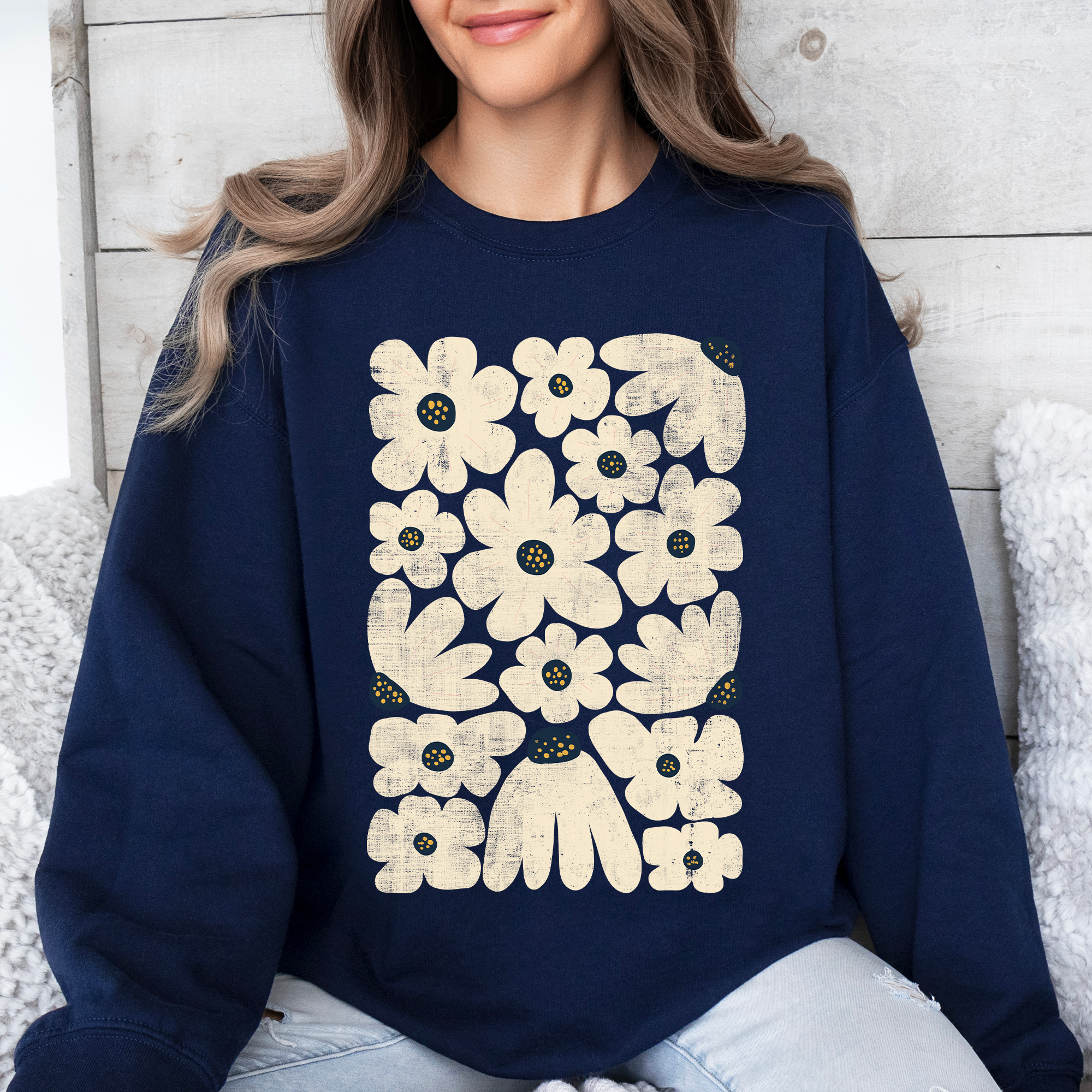 Cream Daisy Allover Floral Vintage Boho Nature Inspired Cozy Fall Print Sweatshirt