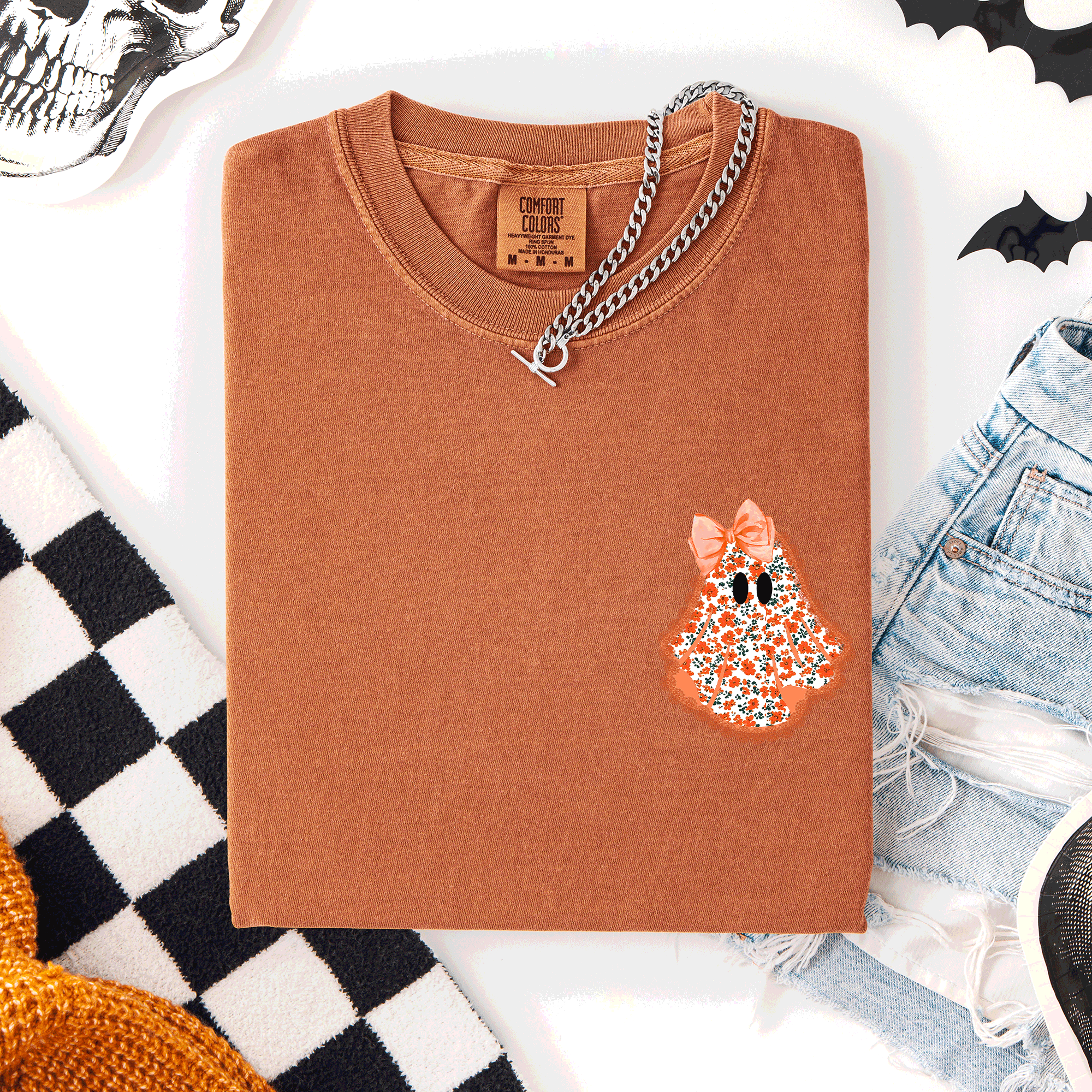 Cute Coquette Faux Lace Ghost Pocket Halloween Edition Vintage Charm Comfort Colors Tee