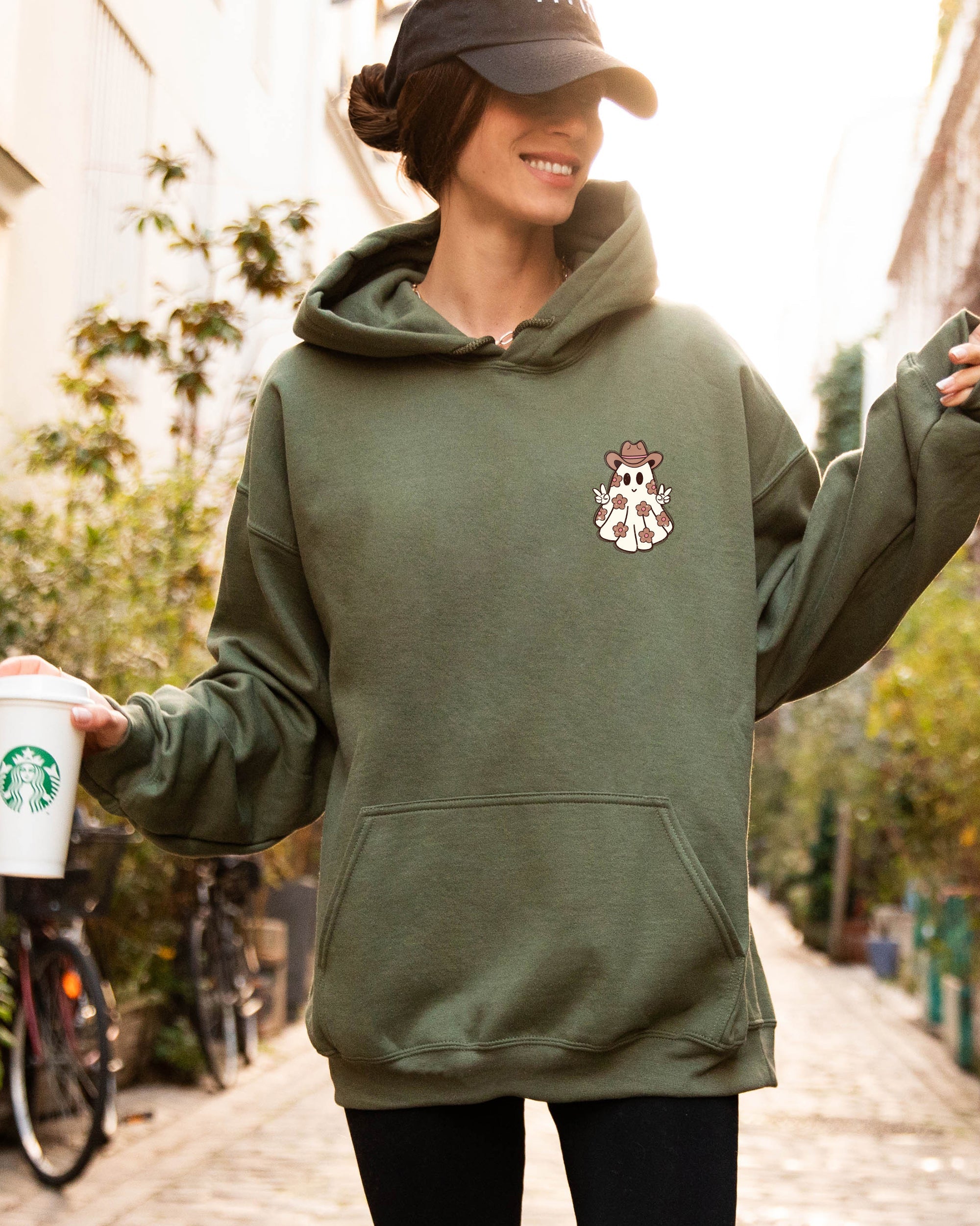 Cute Flower Ghost Cowboy Cowgirl Pocket Print Halloween Peace Cozy Hooded Sweatshirt