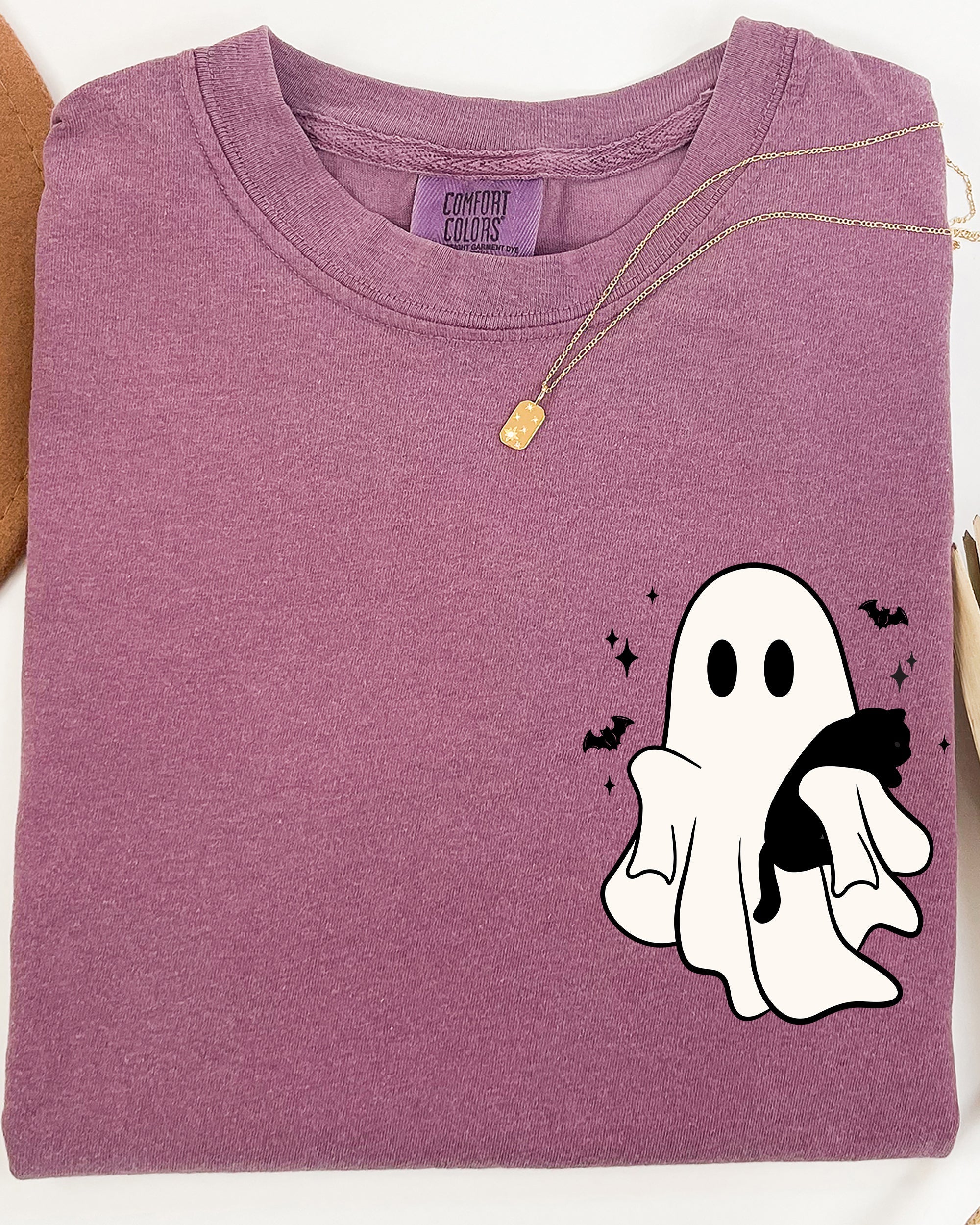 Cute Ghost With Cat Pocket Print Halloween Black Cat Witch Cozy Vintage Style Comfort Colors Tee