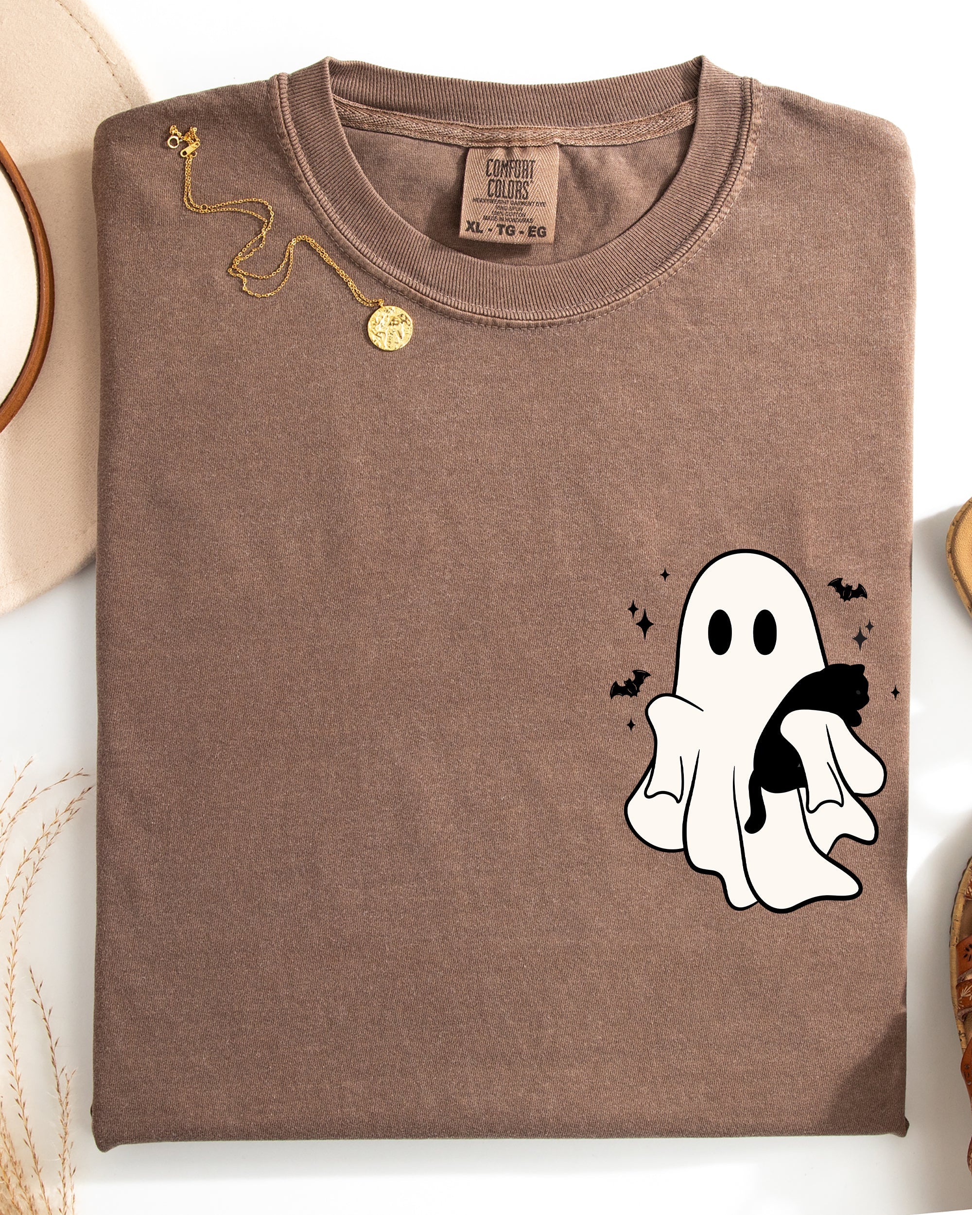 Cute Ghost With Cat Pocket Print Halloween Black Cat Witch Cozy Vintage Style Comfort Colors Tee