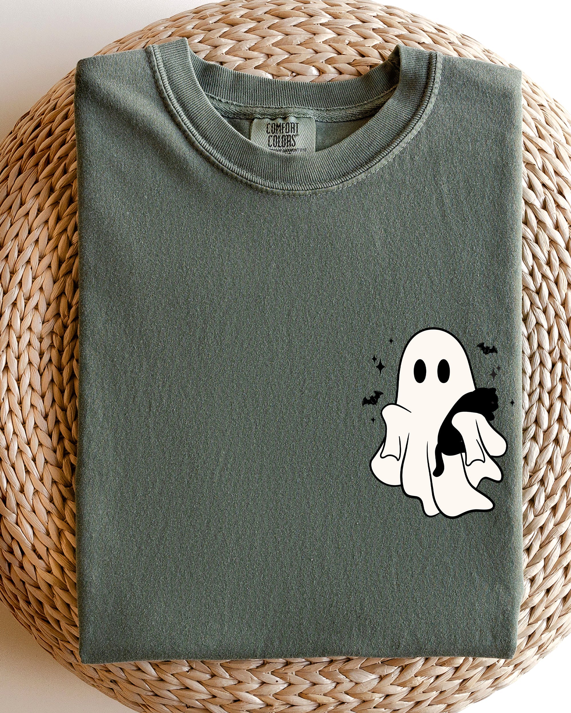 Cute Ghost With Cat Pocket Print Halloween Black Cat Witch Cozy Vintage Style Comfort Colors Tee
