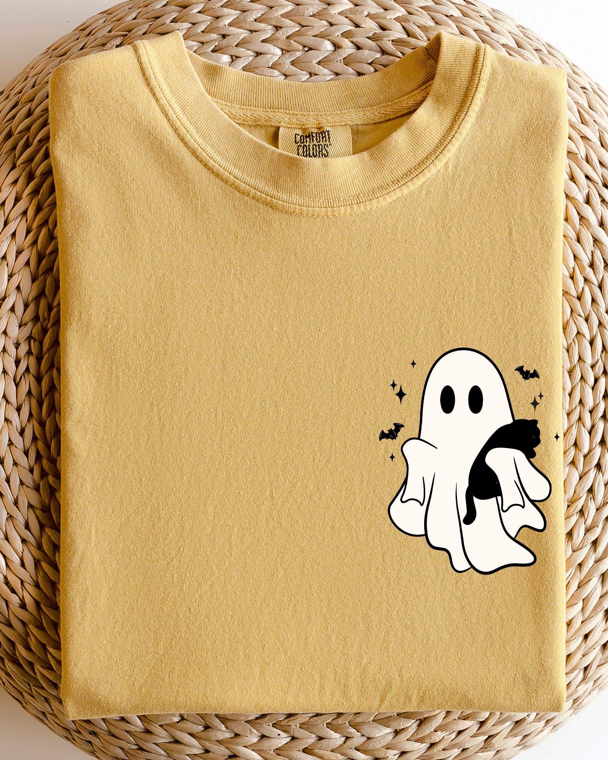 Cute Ghost With Cat Pocket Print Halloween Black Cat Witch Cozy Vintage Style Comfort Colors Tee
