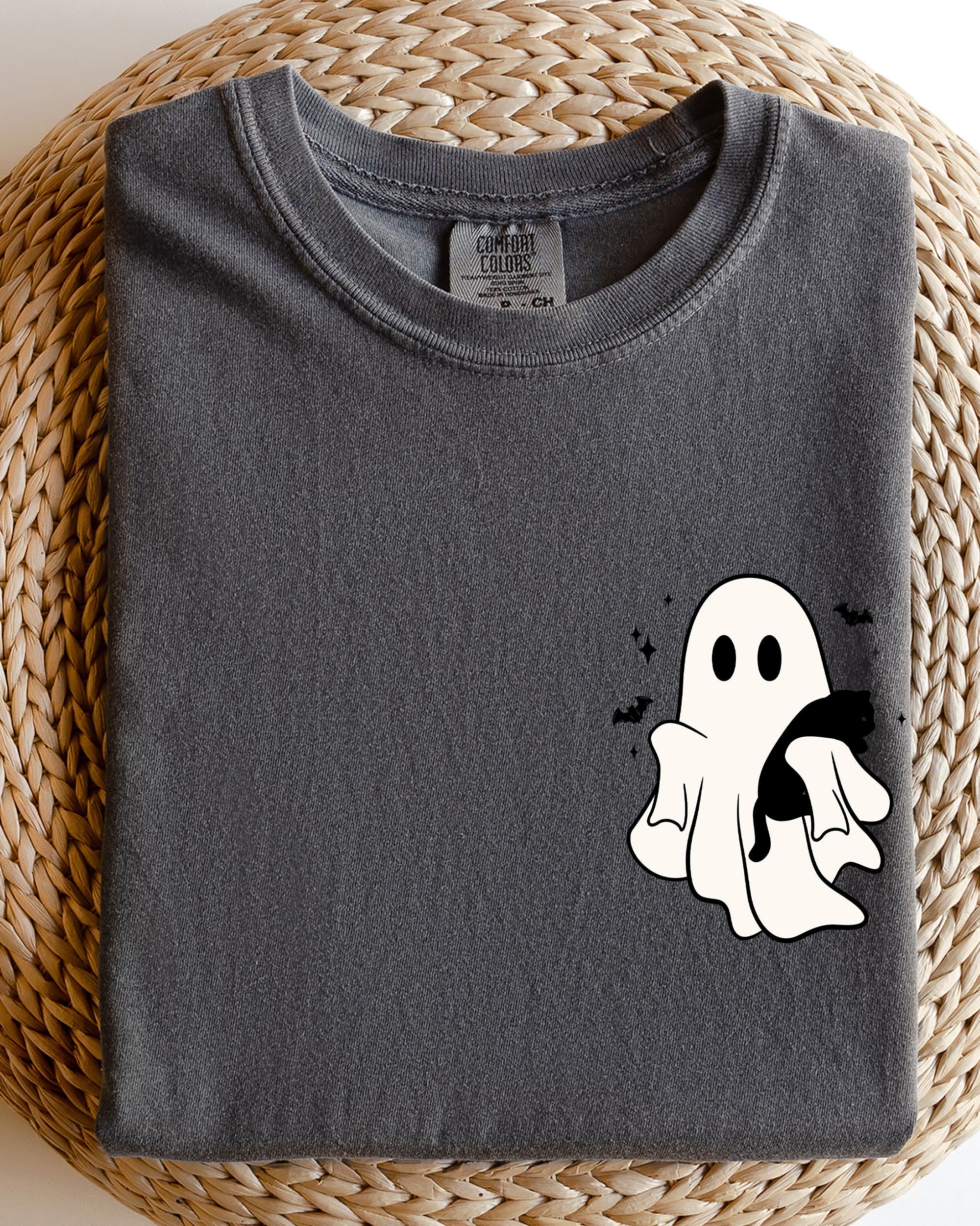 Cute Ghost With Cat Pocket Print Halloween Black Cat Witch Cozy Vintage Style Comfort Colors Tee
