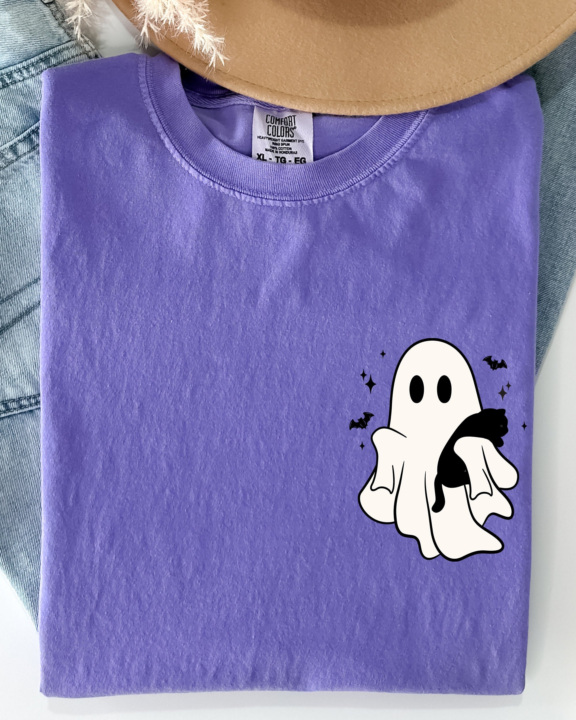 Cute Ghost With Cat Pocket Print Halloween Black Cat Witch Cozy Vintage Style Comfort Colors Tee