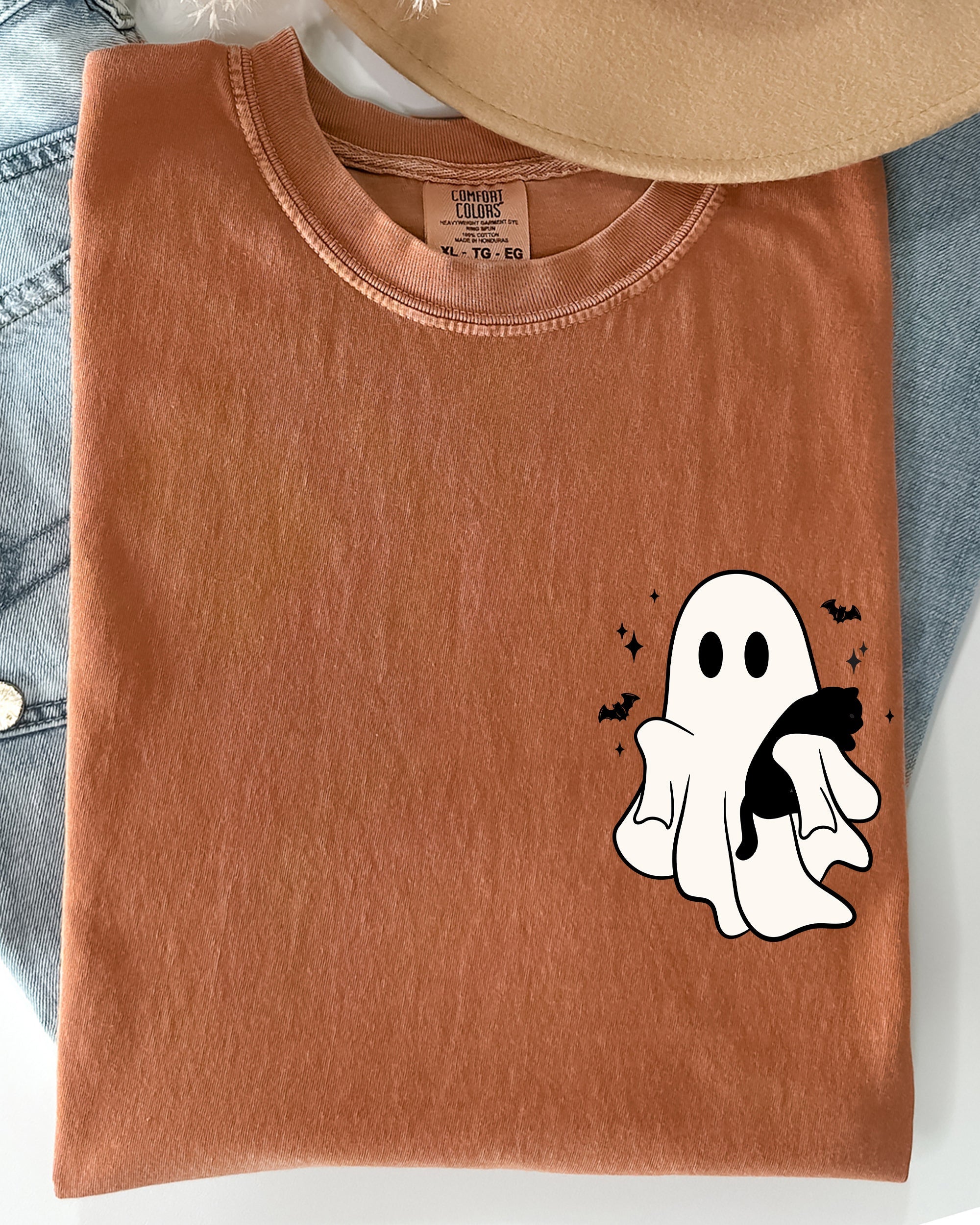 Cute Ghost With Cat Pocket Print Halloween Black Cat Witch Cozy Vintage Style Comfort Colors Tee