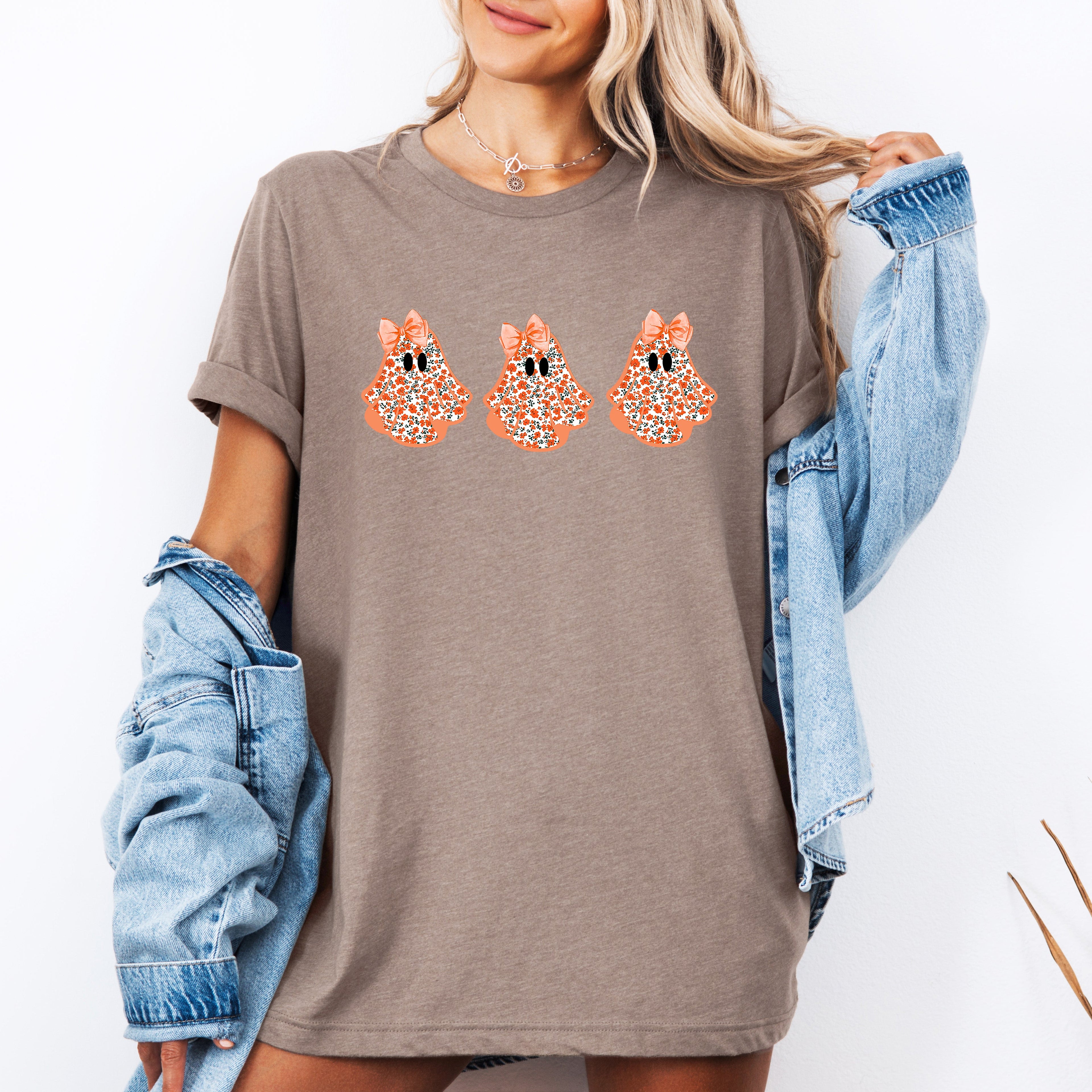 Halloween Ghosts Pattern Coquette Graphic Tee for Festive Halloween Fashion and Cozy Comfort