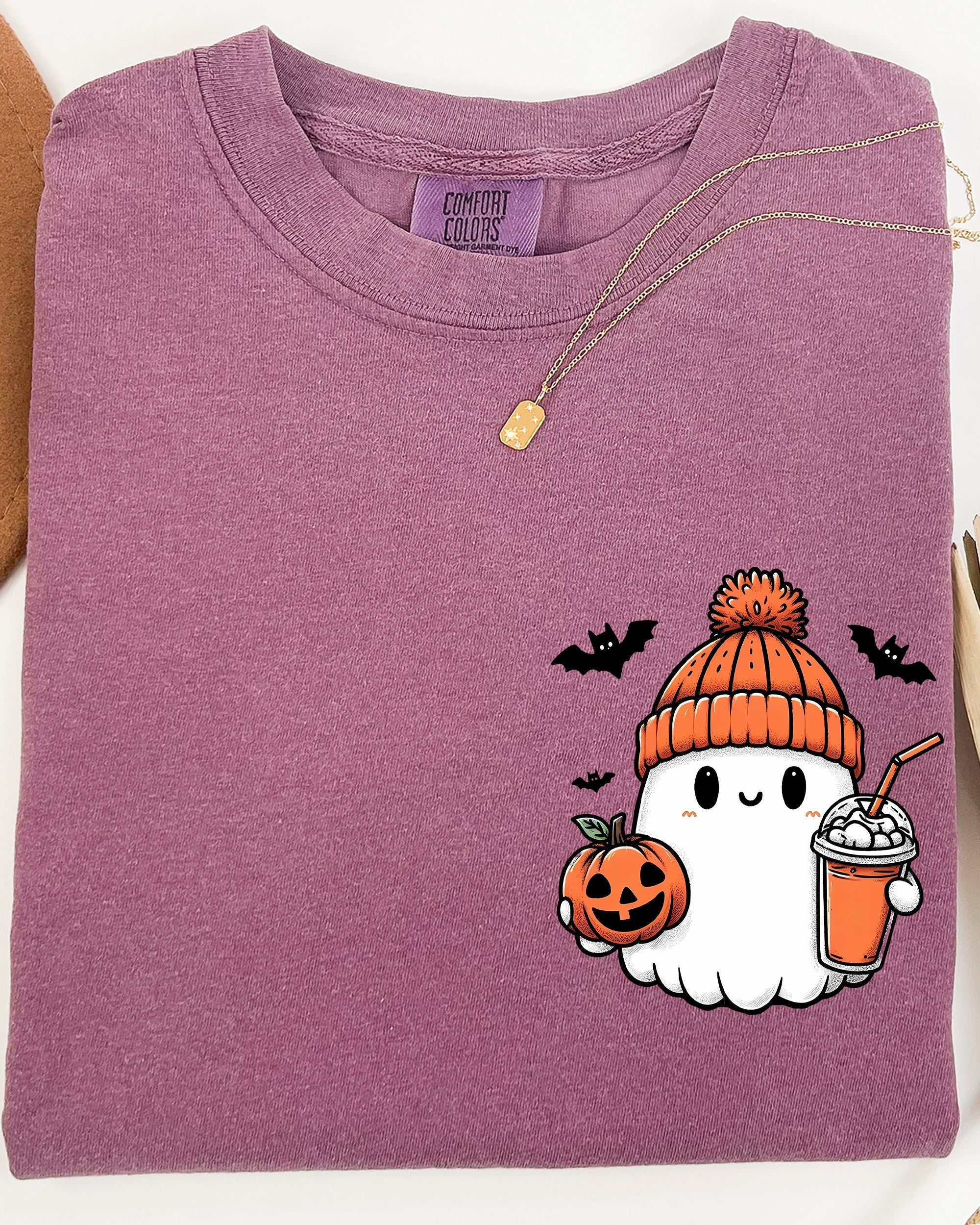 Cute Orange Ghost Moody Vintage Pocket Print Halloween Coffee Bats Comfort Colors Tee