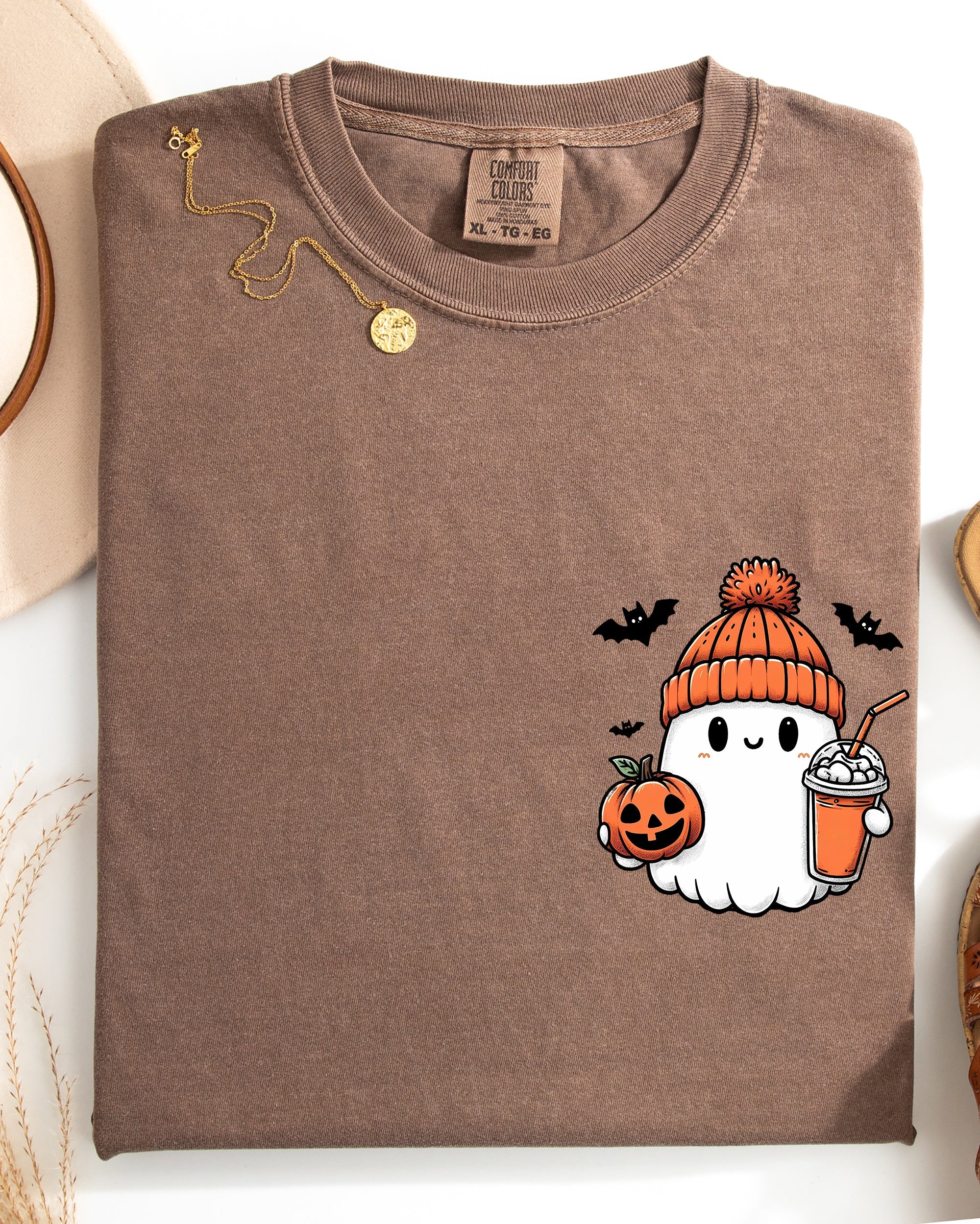 Cute Orange Ghost Moody Vintage Pocket Print Halloween Coffee Bats Comfort Colors Tee