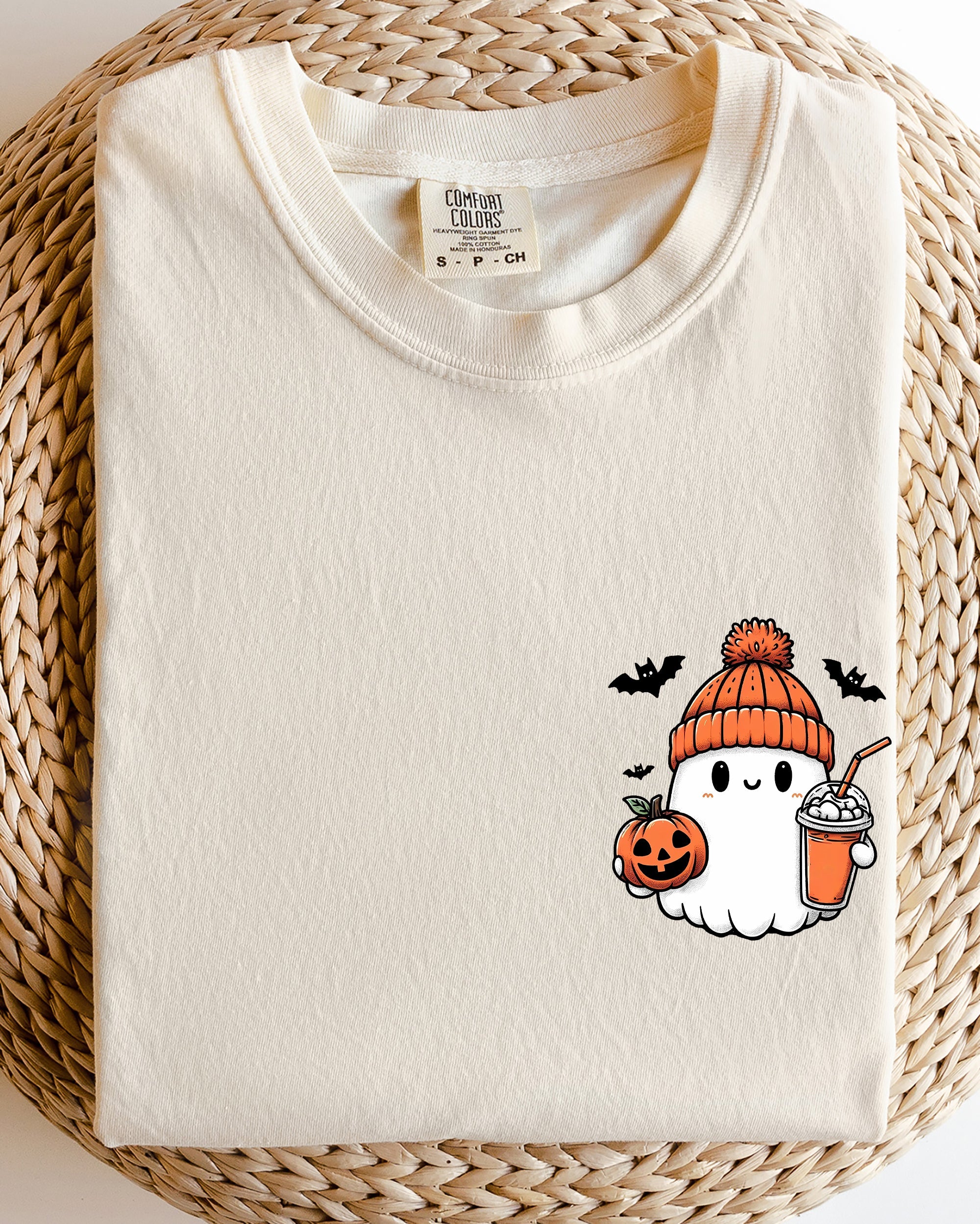 Cute Orange Ghost Moody Vintage Pocket Print Halloween Coffee Bats Comfort Colors Tee