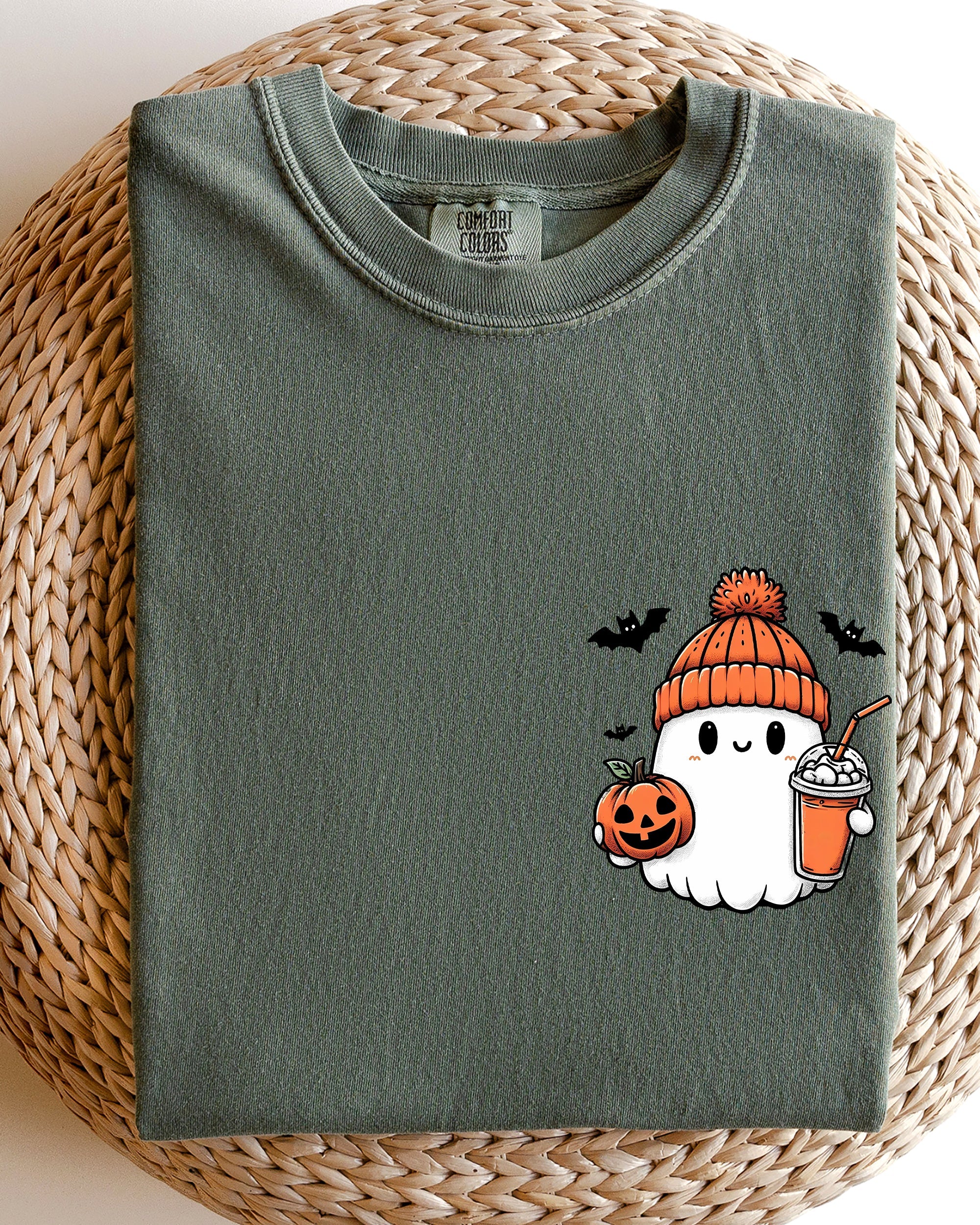 Cute Orange Ghost Moody Vintage Pocket Print Halloween Coffee Bats Comfort Colors Tee