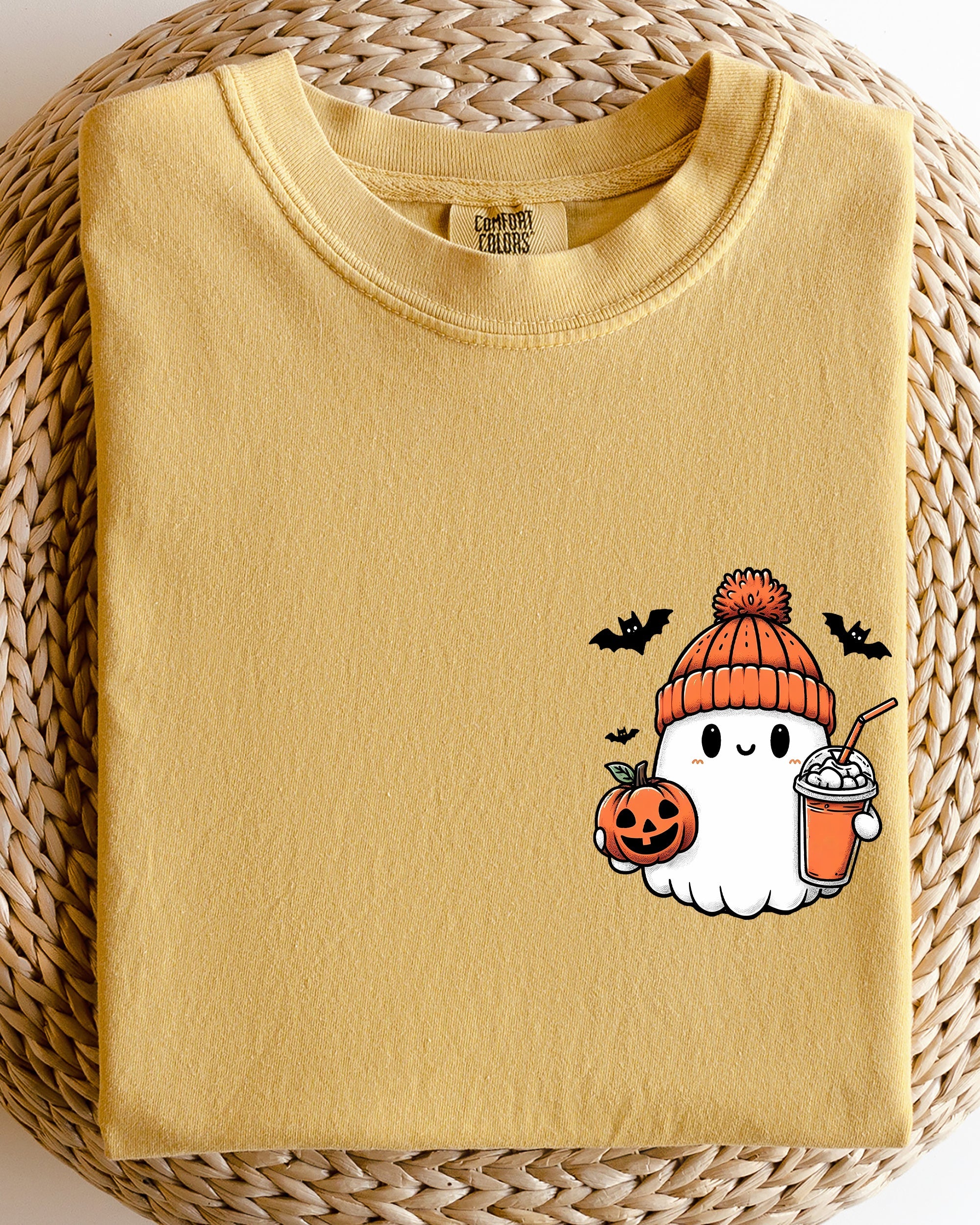 Cute Orange Ghost Moody Vintage Pocket Print Halloween Coffee Bats Comfort Colors Tee