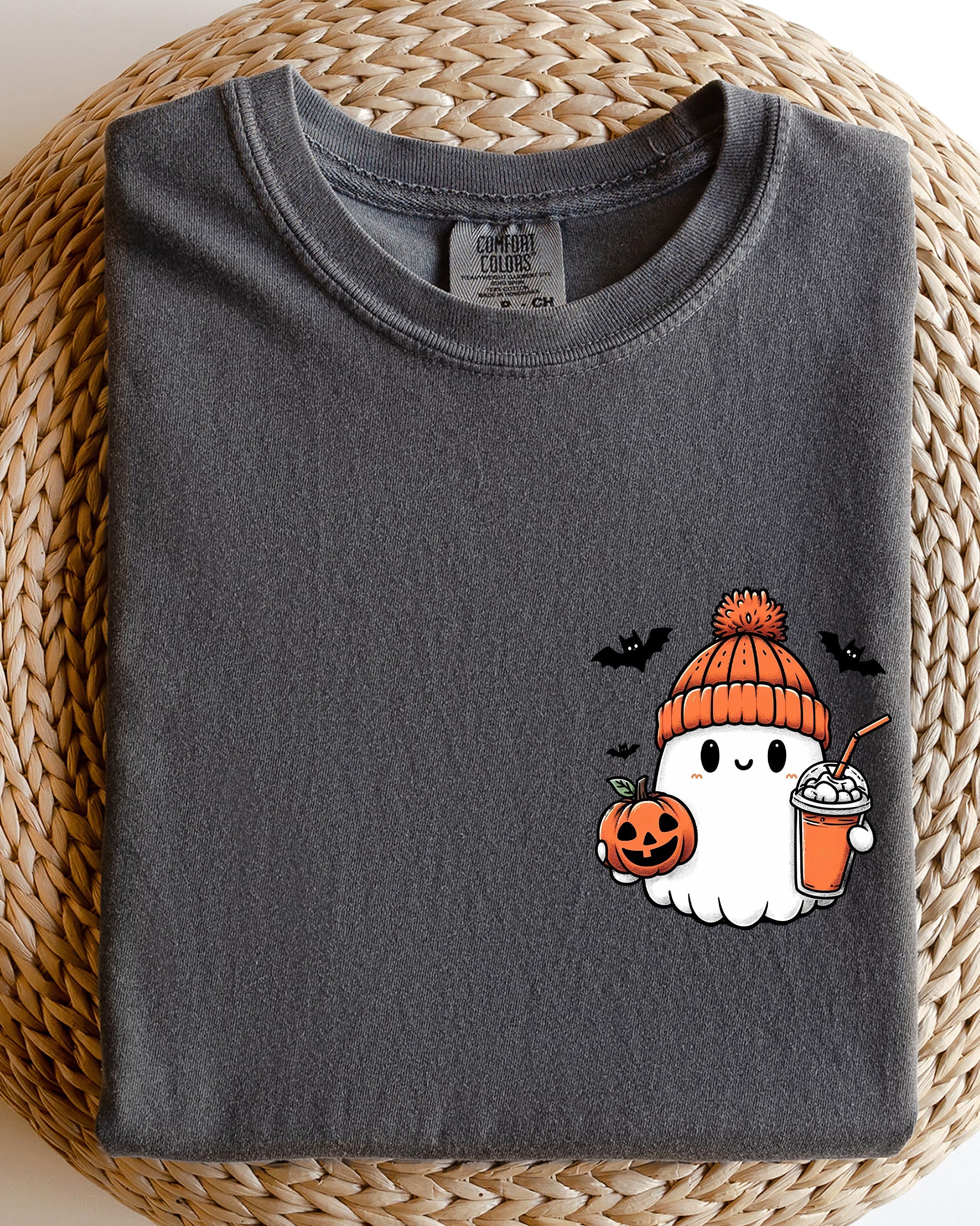Cute Orange Ghost Moody Vintage Pocket Print Halloween Coffee Bats Comfort Colors Tee