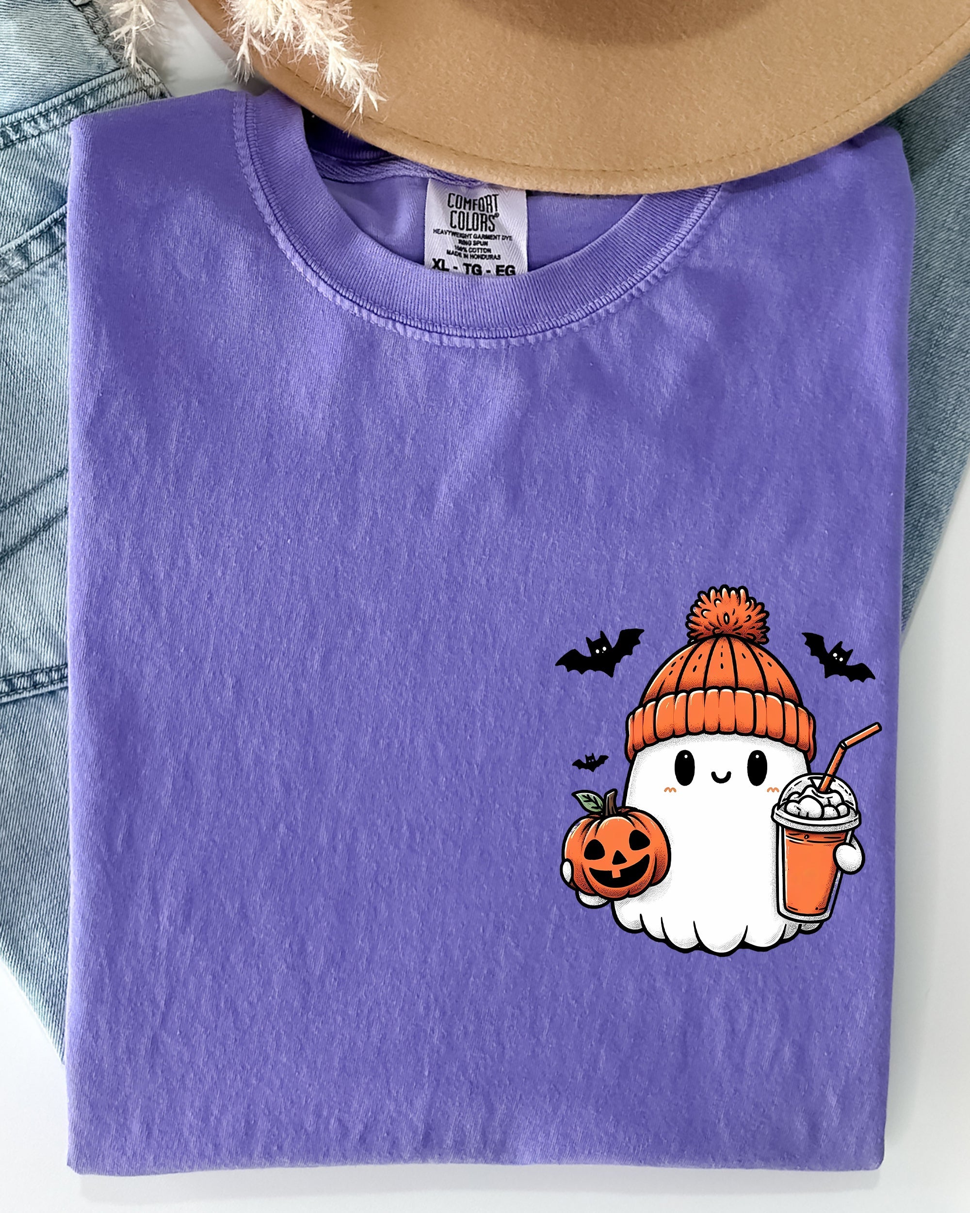 Cute Orange Ghost Moody Vintage Pocket Print Halloween Coffee Bats Comfort Colors Tee