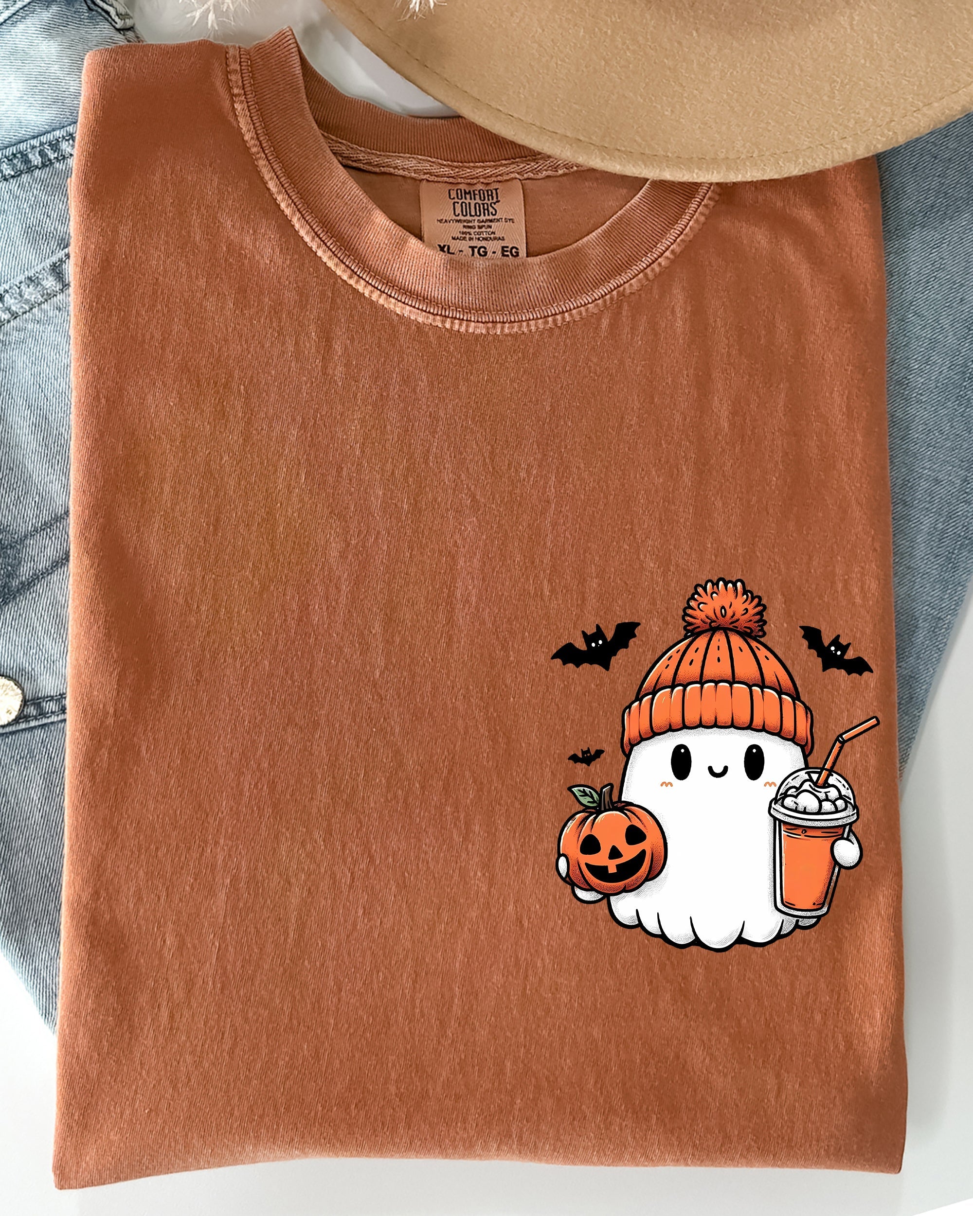 Cute Orange Ghost Moody Vintage Pocket Print Halloween Coffee Bats Comfort Colors Tee