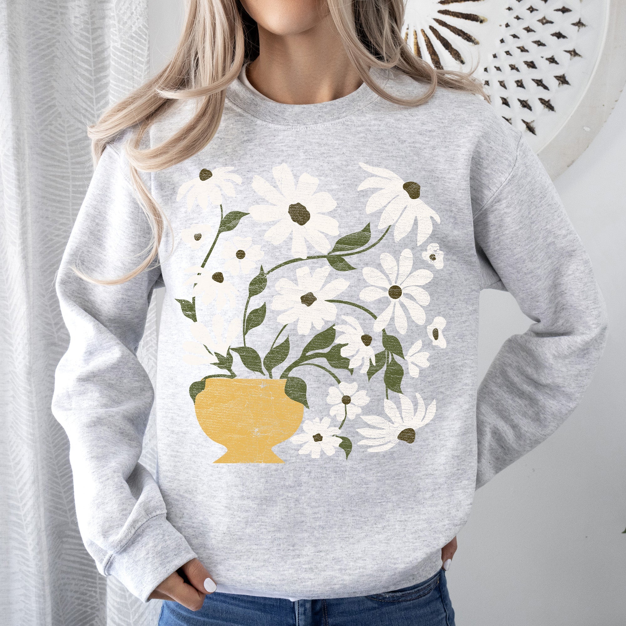 Daisies, Retro Floral Design Vintage-Inspired Floral Print Premium Cotton Blend For All Day Comfort Sweatshirt