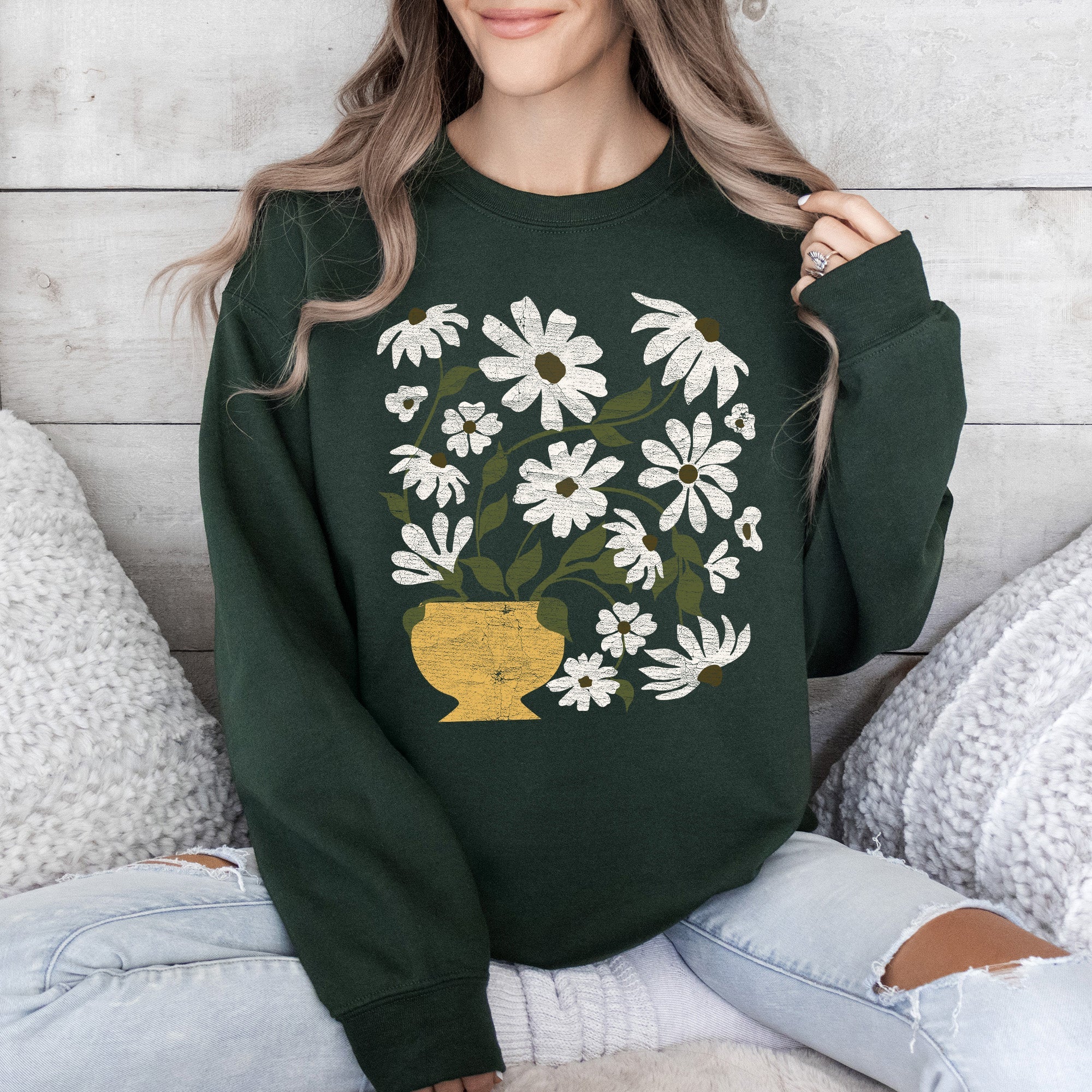Daisies, Retro Floral Design Vintage-Inspired Floral Print Premium Cotton Blend For All Day Comfort Sweatshirt