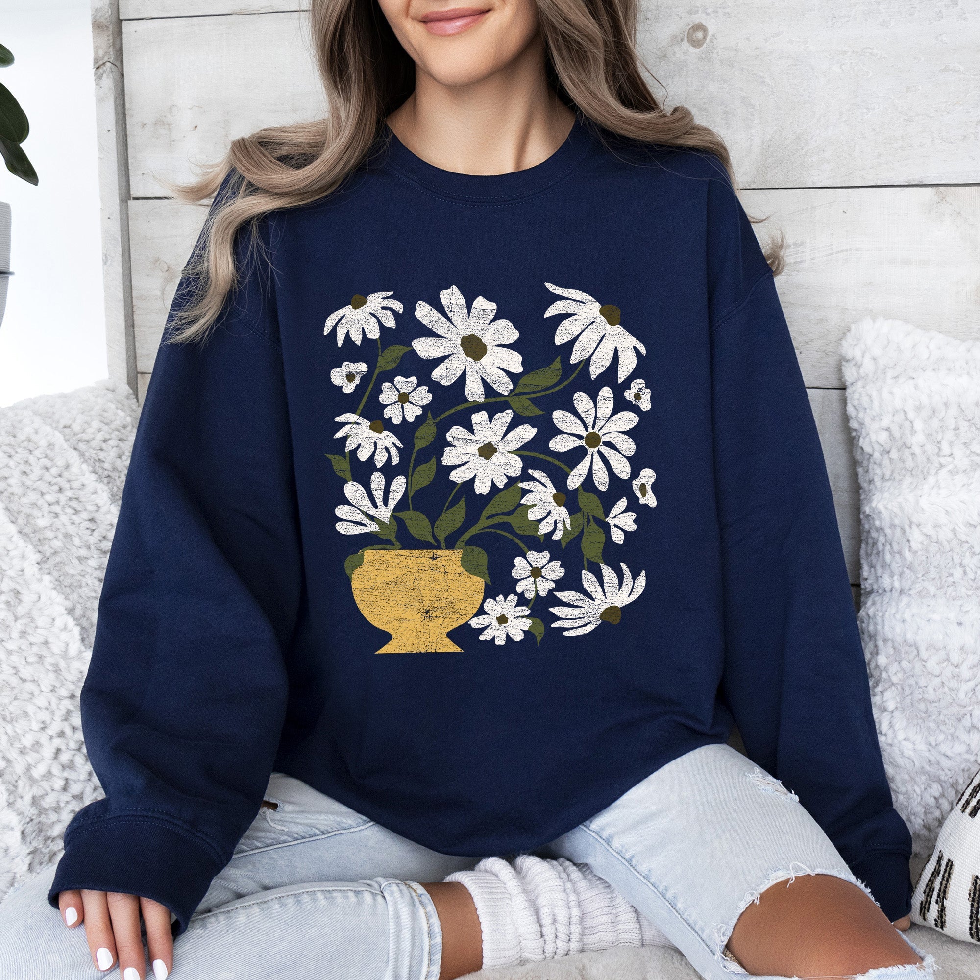 Daisies, Retro Floral Design Vintage-Inspired Floral Print Premium Cotton Blend For All Day Comfort Sweatshirt