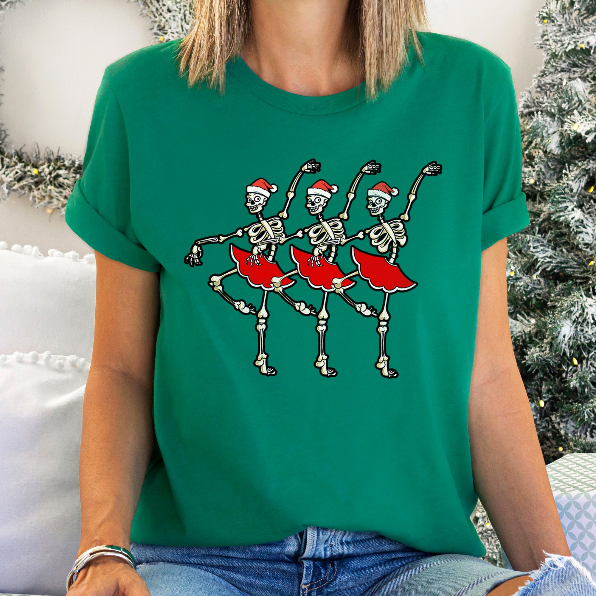 Dancing Skeleton Santa Girls Christmas Ballet Illustration Holiday Collection Graphic Tee