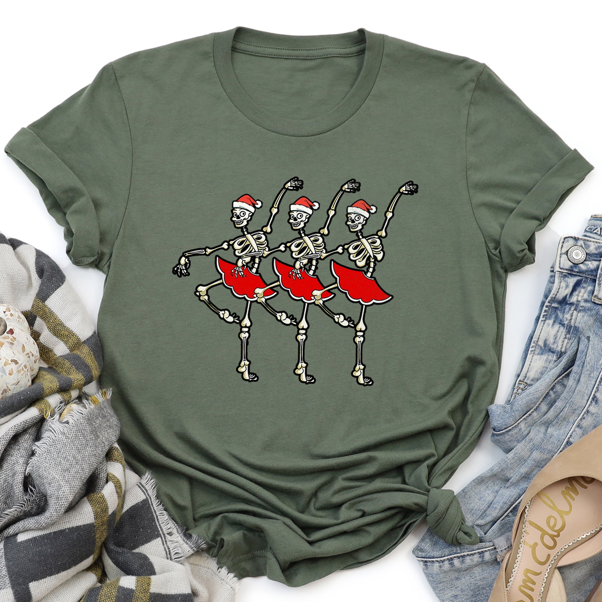 Dancing Skeleton Santa Girls Christmas Ballet Illustration Holiday Collection Graphic Tee