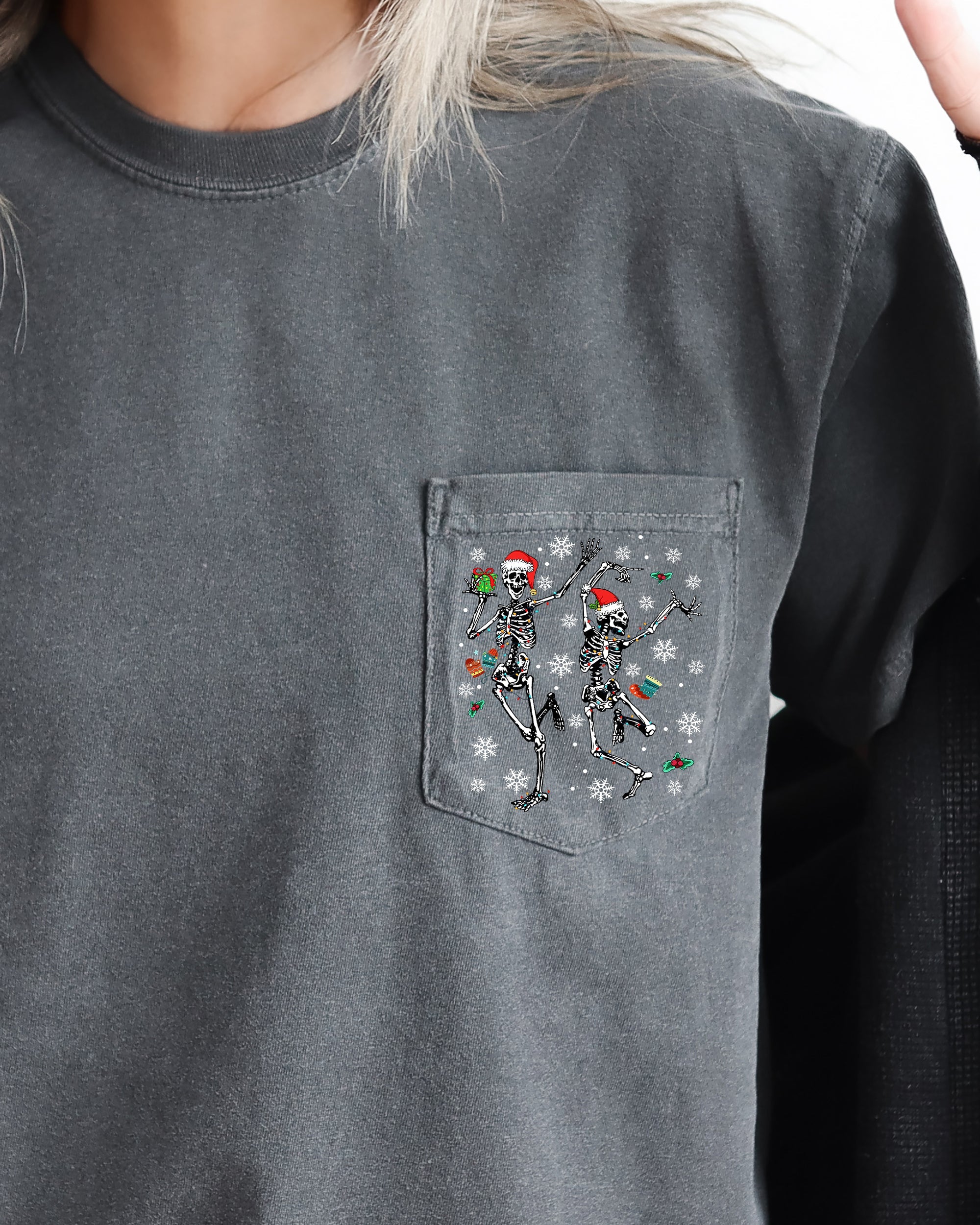 Dancing Skeletons Pocket Presents Snow Christmas Santa Winter Xmas Comfort Colors Tee